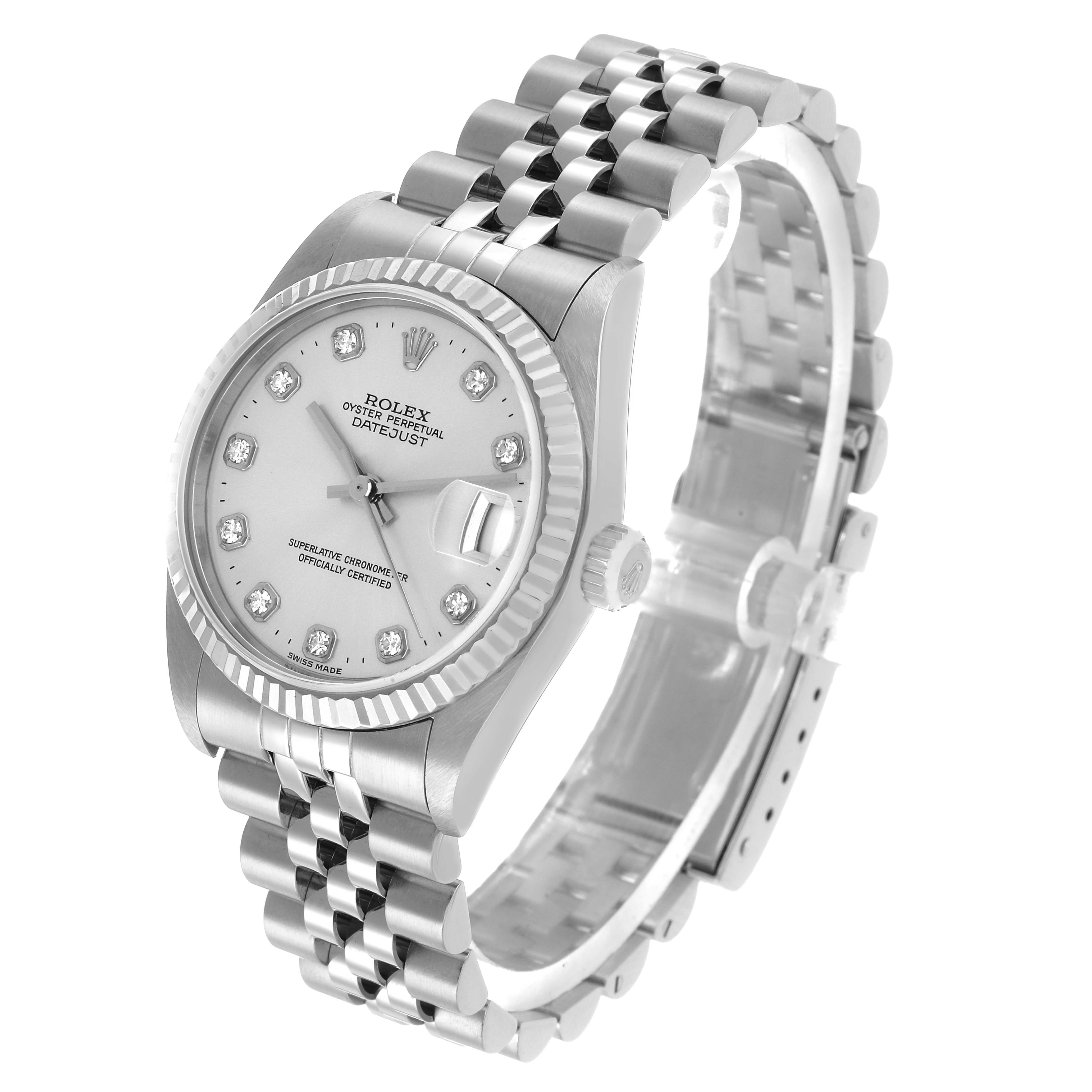 The Rolex Datejust 78274 Women's Stainless Steel Silver Dial watch is shown at a tilted angle displaying the bezel, dial, crown, and Jubilee bracelet.