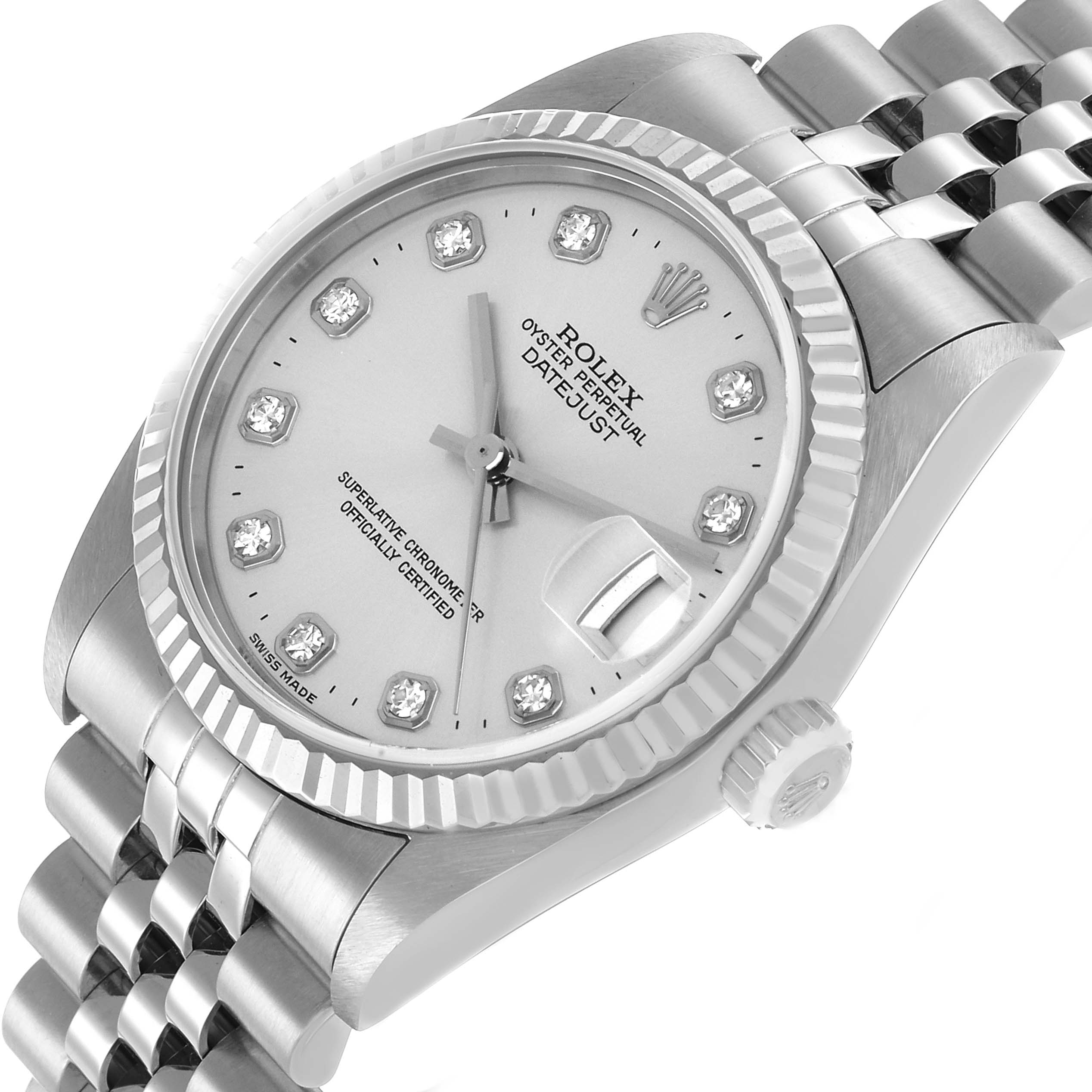 The Rolex Datejust 78274 Women's Stainless Steel Silver Dial is shown at an angled view, highlighting its dial, fluted bezel, crown, and Jubilee bracelet.