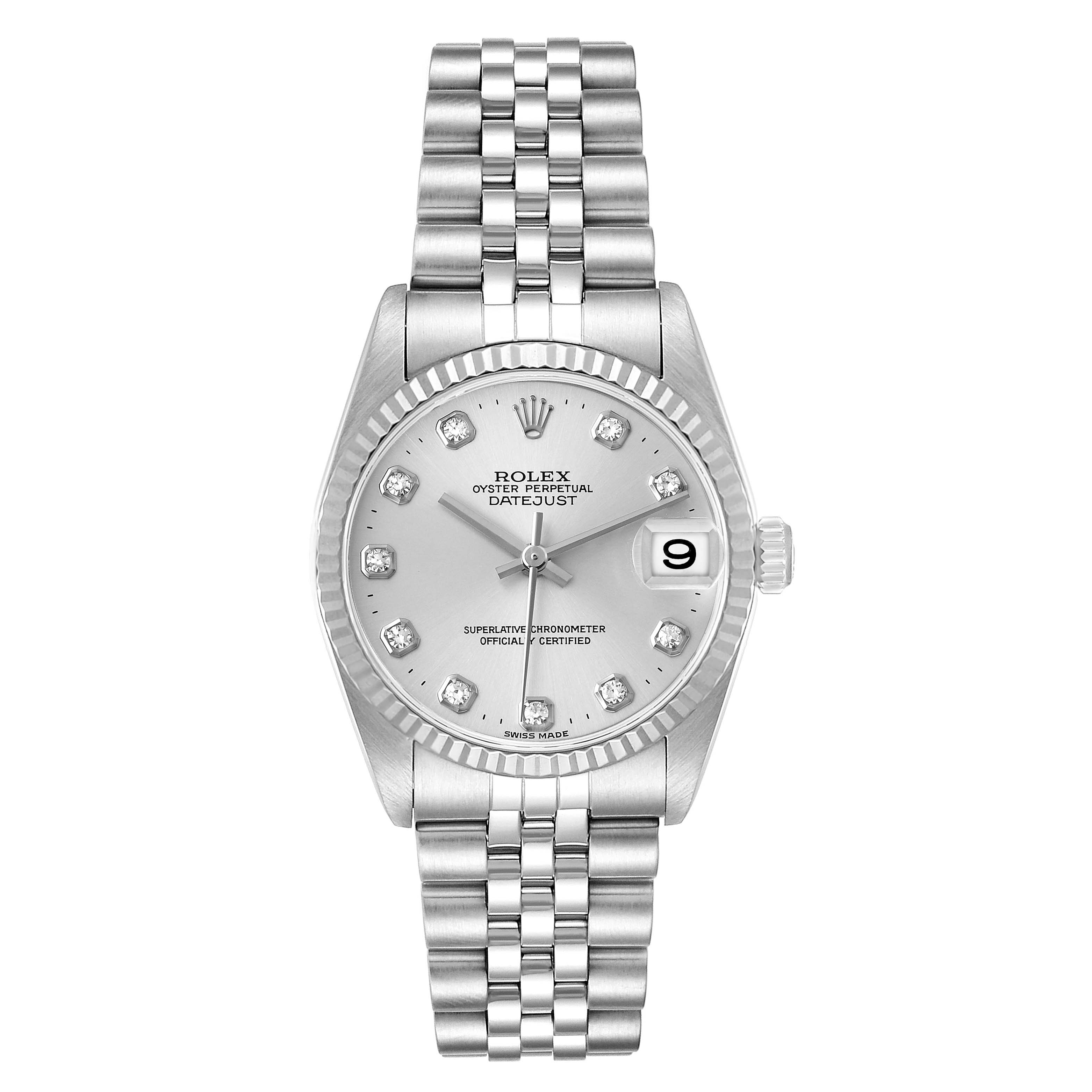 The Rolex Datejust 78274 Women's Stainless Steel Silver Dial watch is shown from a top view, displaying its bracelet, dial, bezel, and date window.