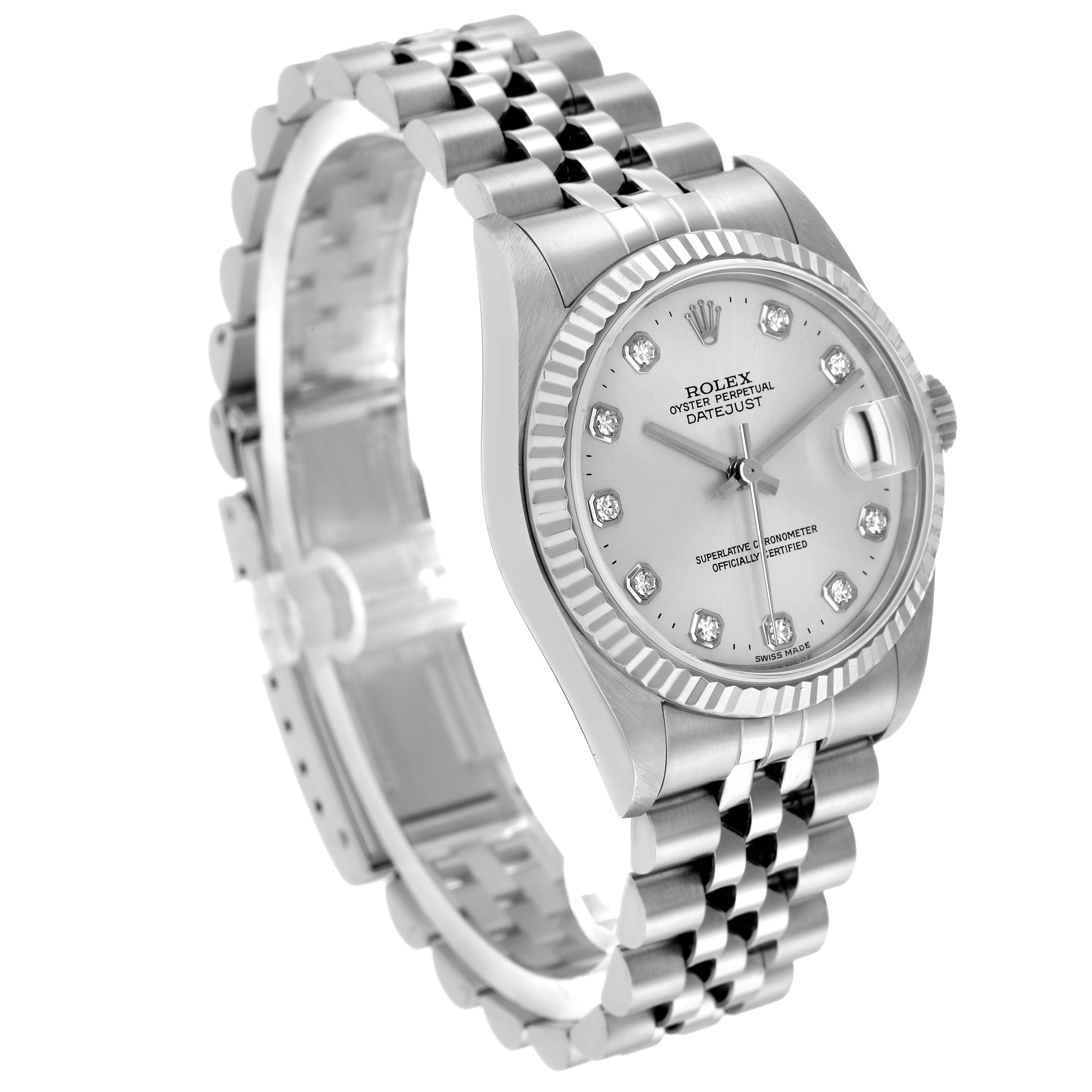 The Rolex Datejust 78274 Women's Stainless Steel Silver Dial watch is shown at a three-quarter angle, displaying the face, bezel, and part of the bracelet.