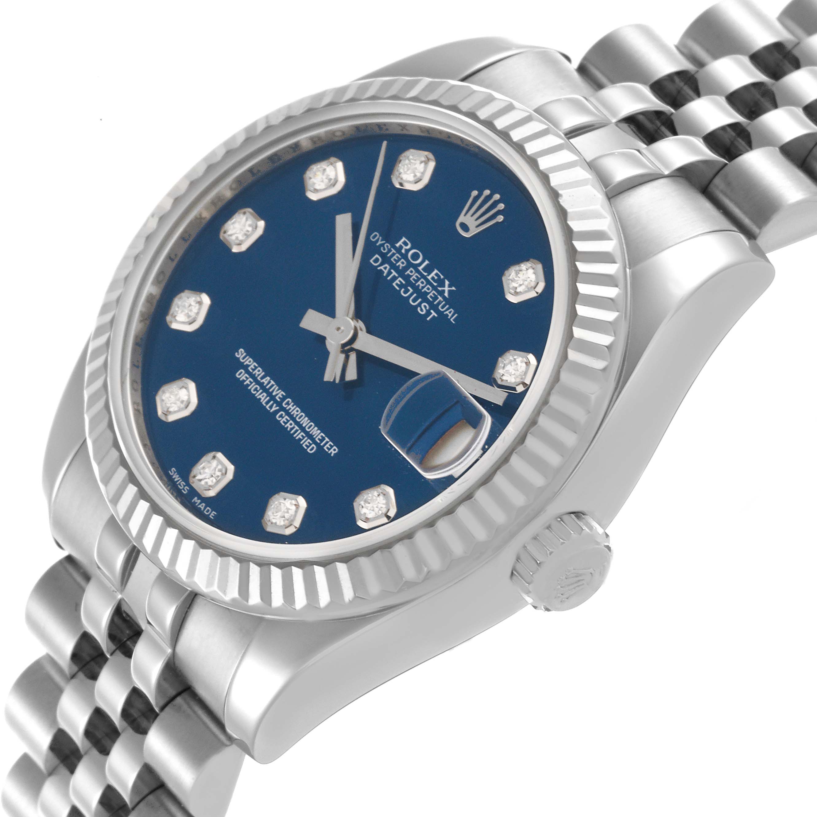 The Rolex Datejust Mid-Size watch is shown at a three-quarter angle, highlighting its blue dial, diamond indices, fluted bezel, and Jubilee bracelet.