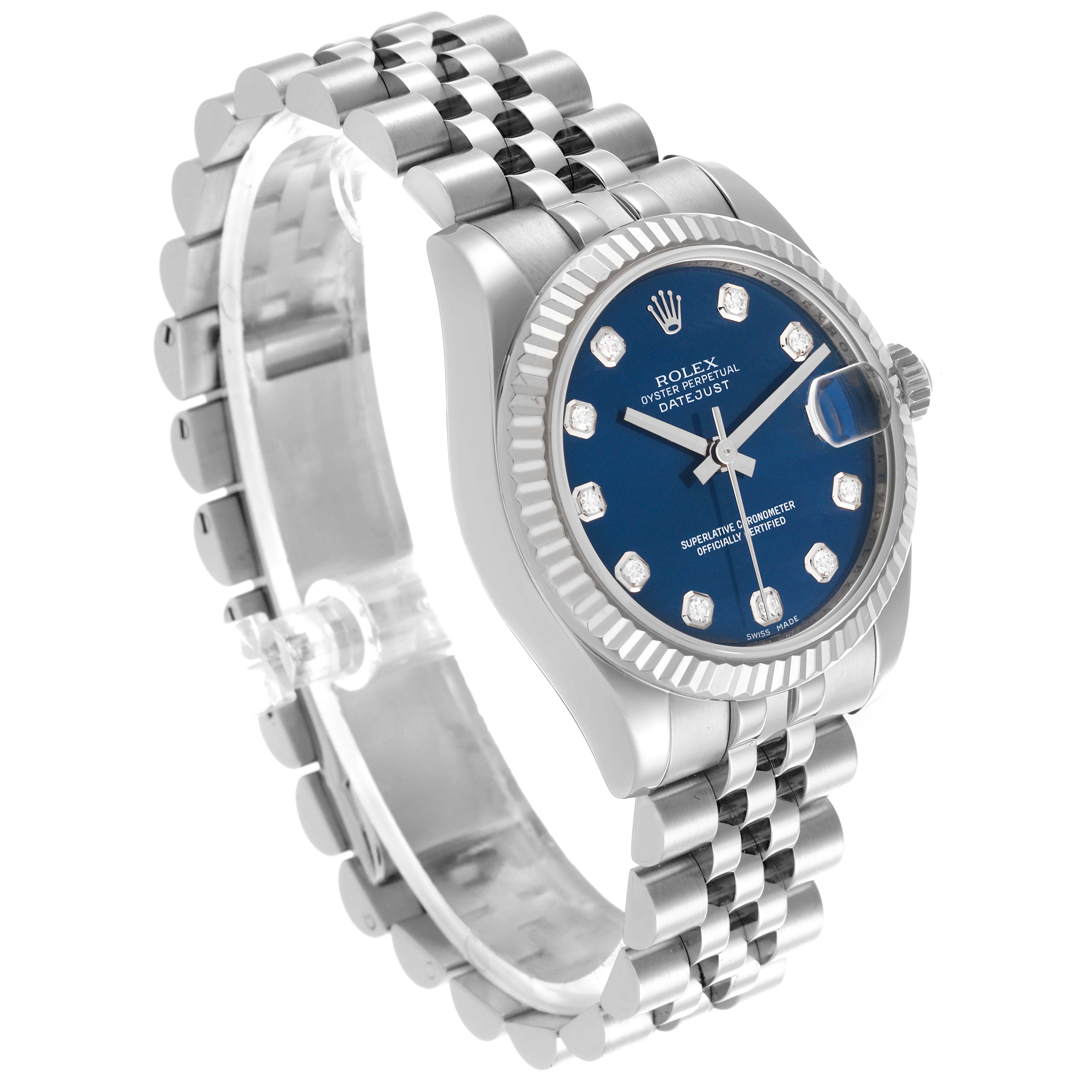 The Rolex Mid-Size 178274 Women's Stainless Steel Blue Dial 178274 Women's Stainless Steel Blue Dial watch is shown at an angled side view, highlighting its dial, bezel, case, and part of the bracelet.