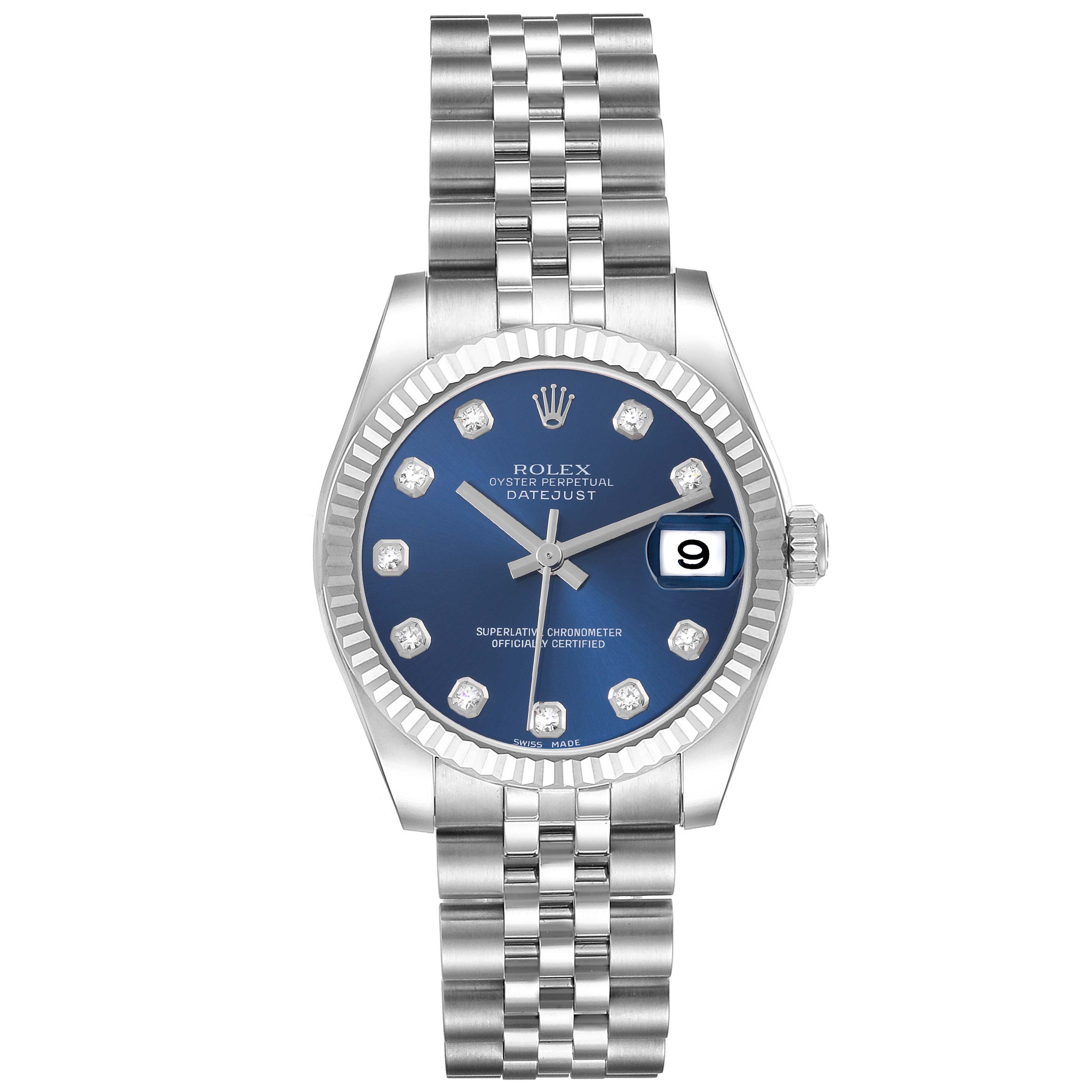The Rolex Datejust Mid-Size watch is shown from a front angle, displaying its dial, bezel, and bracelet.