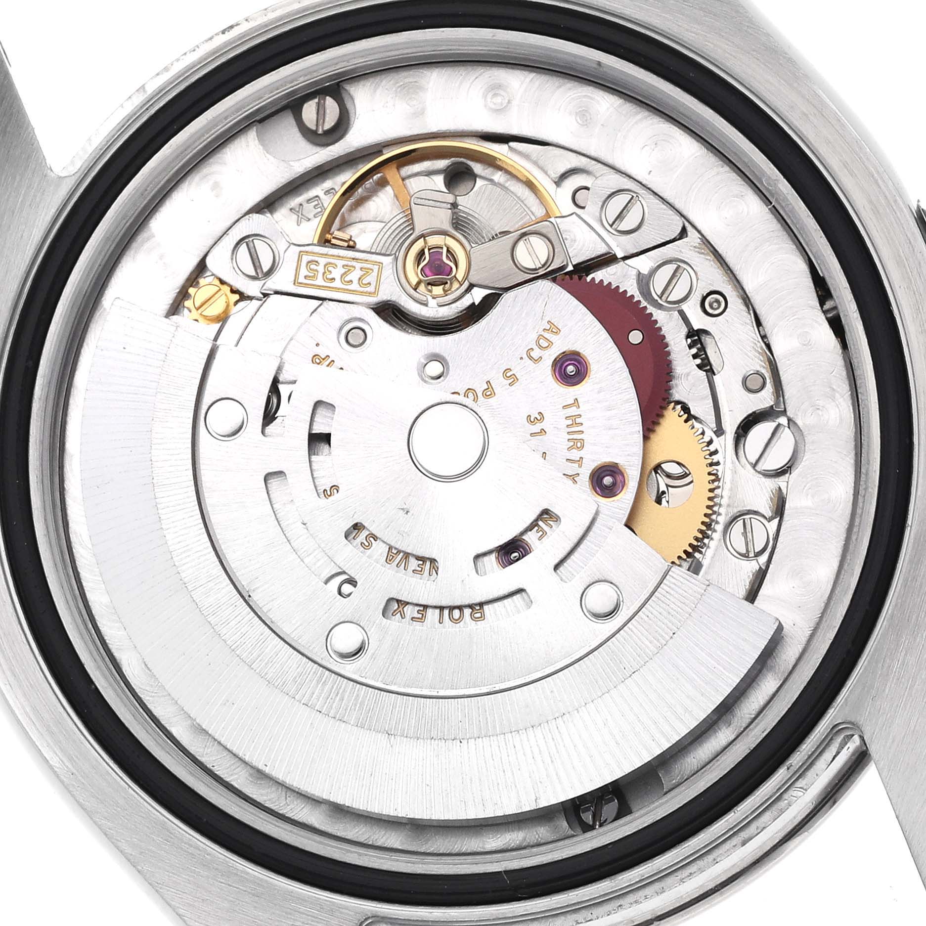 The image shows the internal movement mechanism of a Rolex Mid-Size 178274 Women's Stainless Steel Blue Dial 178274 Women's Stainless Steel Blue Dial watch from a top-down angle.