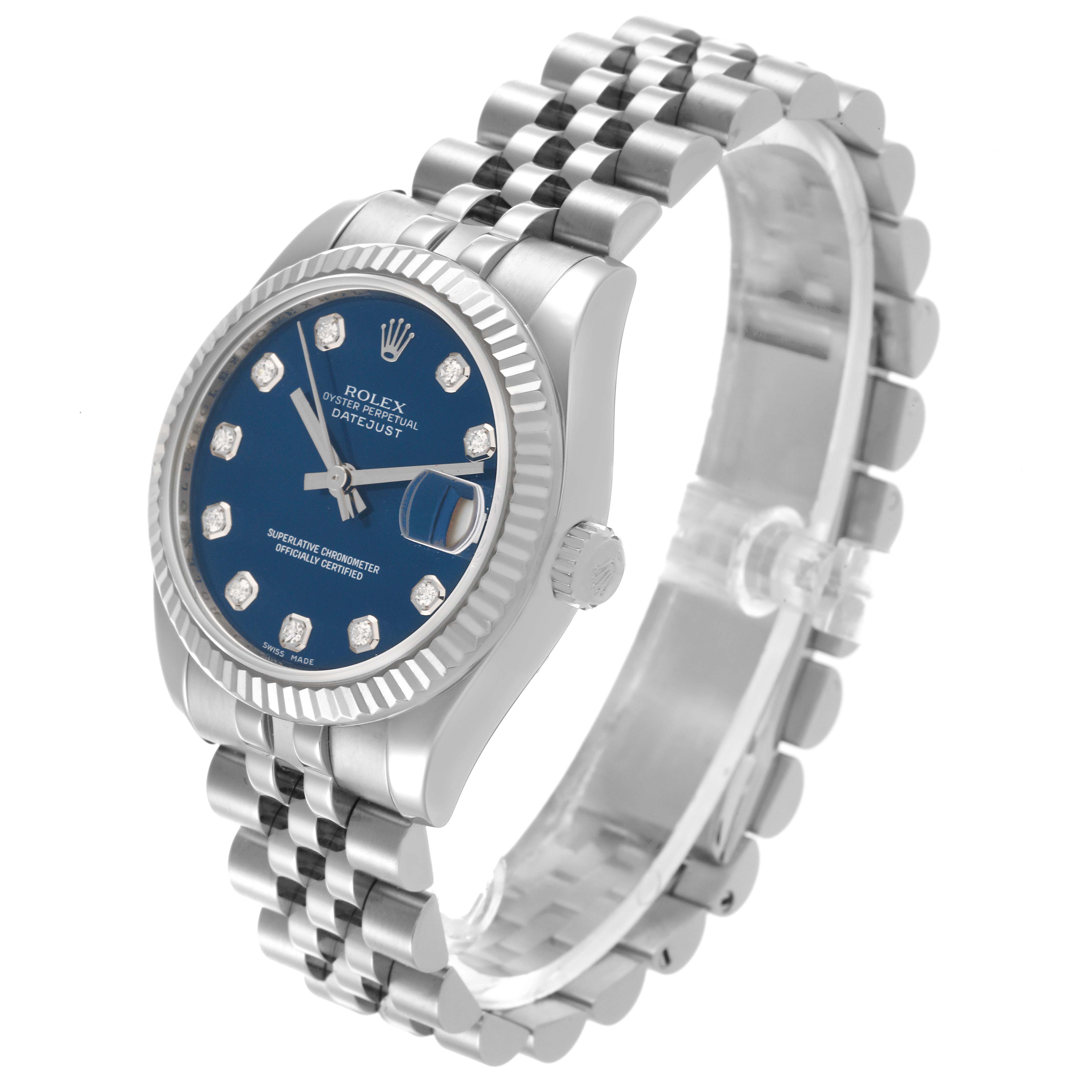 The Rolex Datejust Mid-Size watch is shown at a three-quarter angle, displaying the dial, bezel, and bracelet.