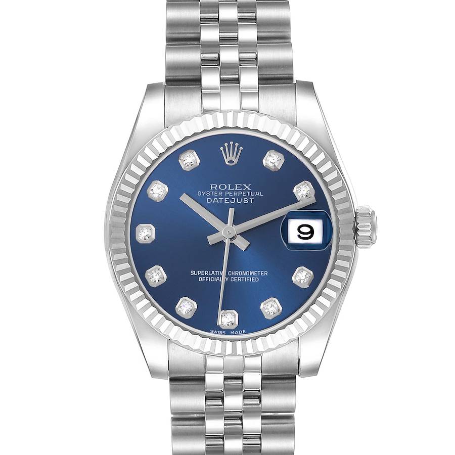 The Rolex Mid-Size Datejust is shown from the front, highlighting the blue dial, diamond hour markers, bezel, and bracelet.