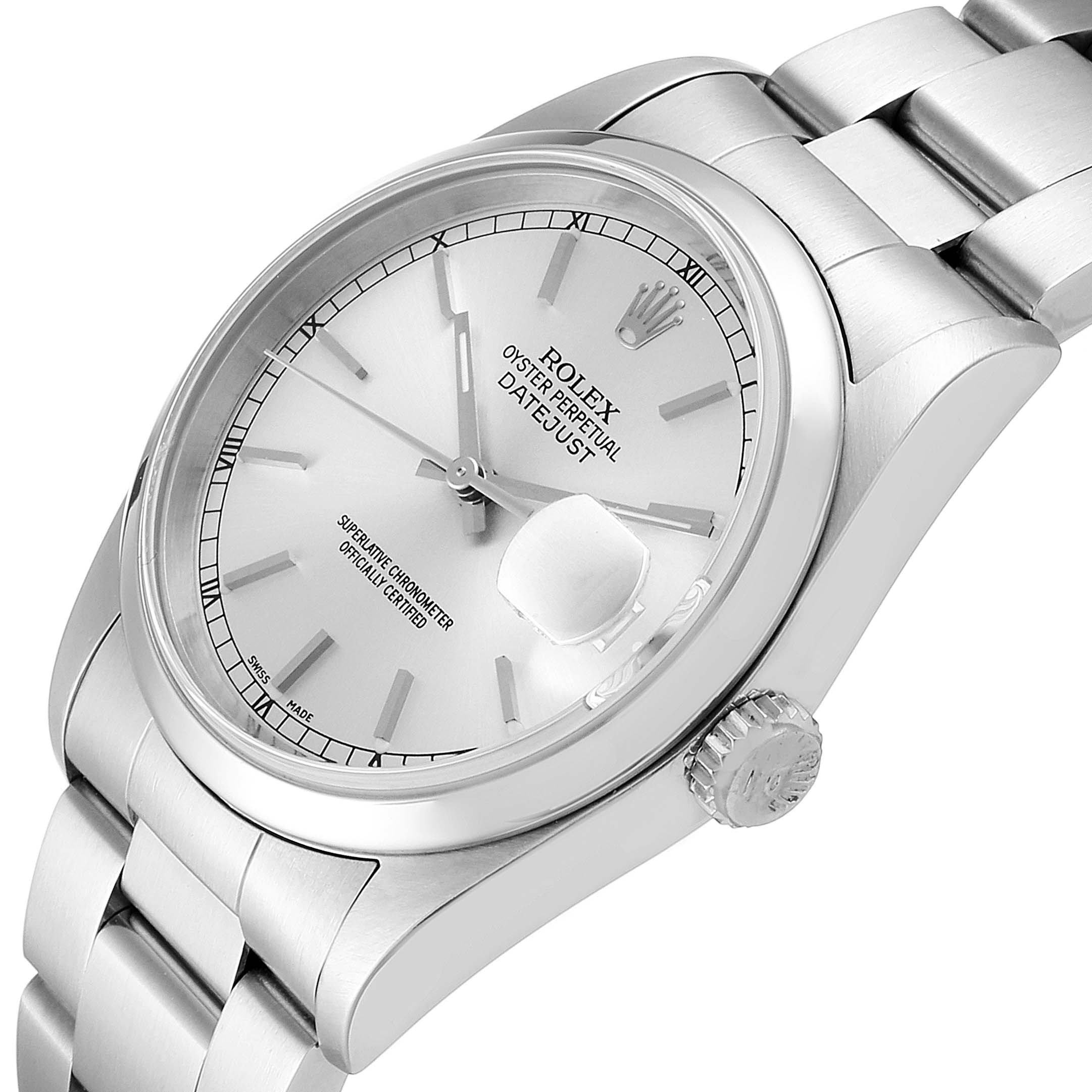 This Rolex Datejust 16200 Men's Stainless Steel Silver Dial 16200 Men's Stainless Steel Silver Dial watch is shown at a slightly angled close-up, displaying the dial, crown, and part of the bracelet.