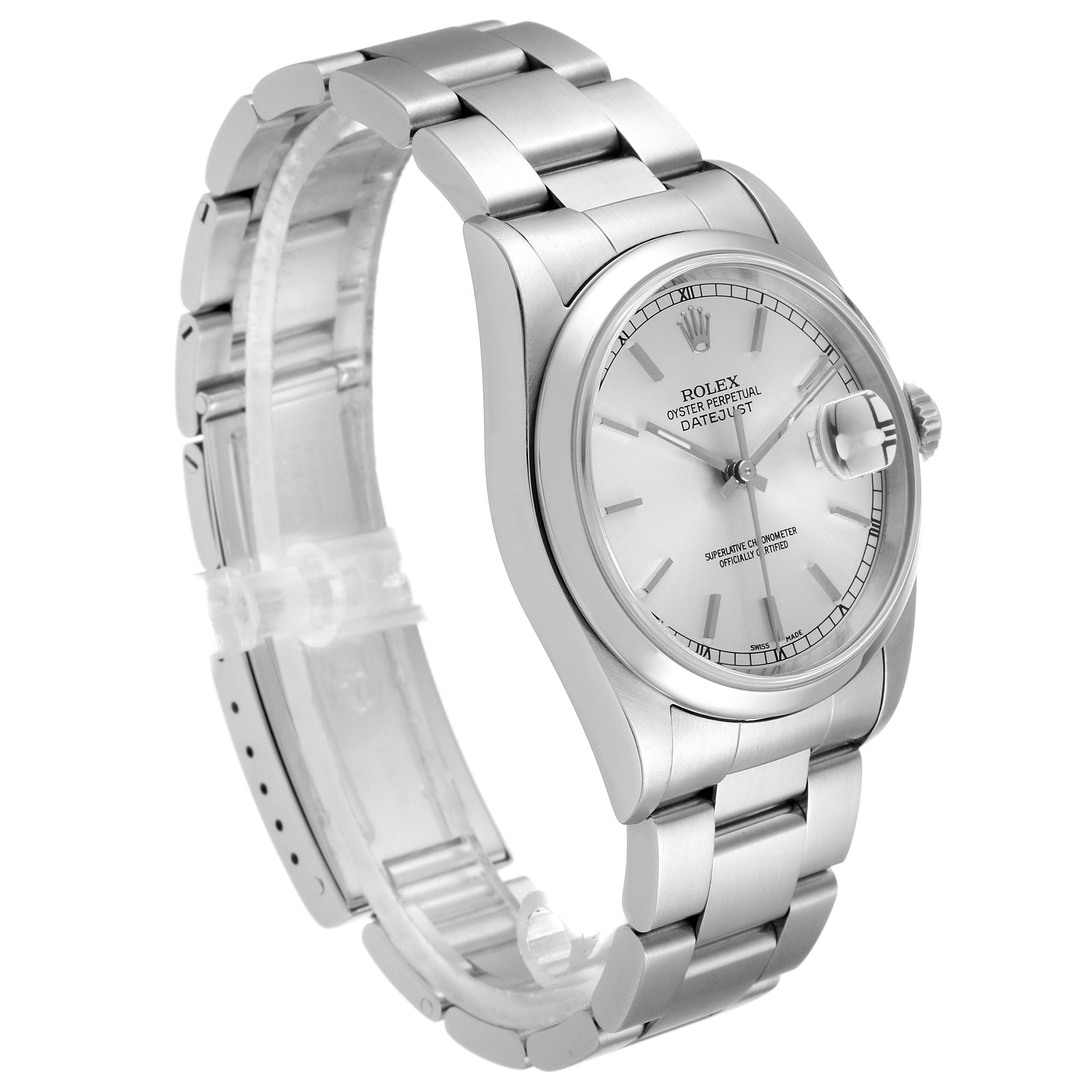 This Rolex Datejust 16200 Men's Stainless Steel Silver Dial 16200 Men's Stainless Steel Silver Dial watch is shown at a three-quarter angle, highlighting the dial, bracelet, and clasp.