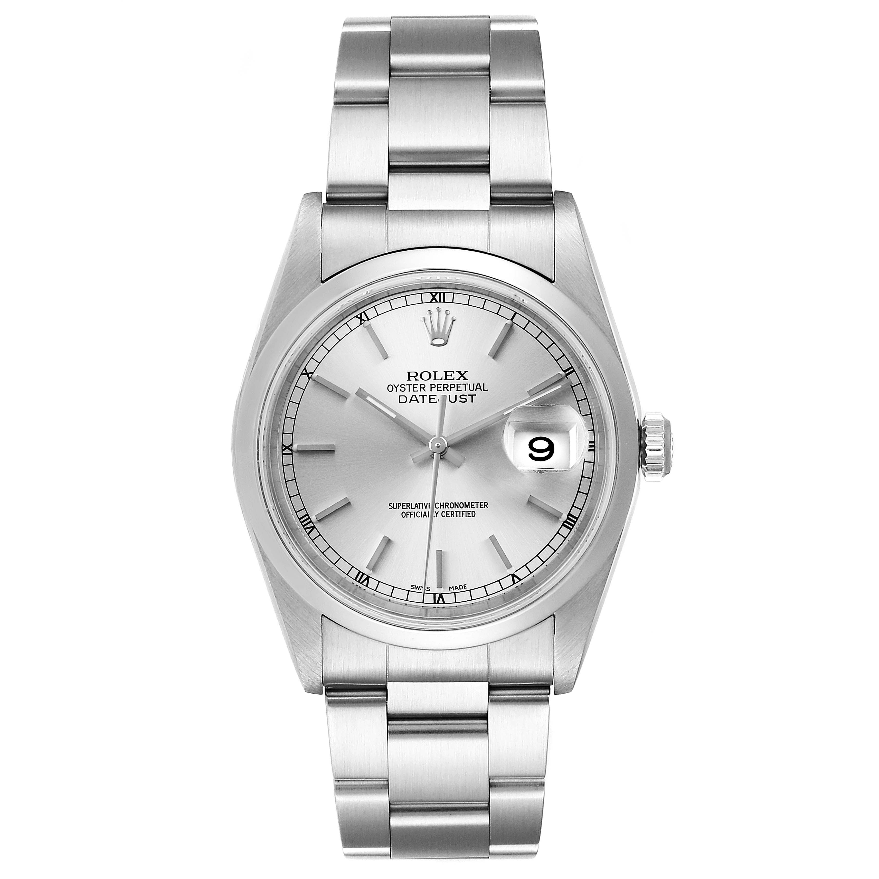 The watch shown is a Rolex Datejust 16200 Men's Stainless Steel Silver Dial 16200 Men's Stainless Steel Silver Dial model captured from a front angle, displaying the face, bezel, and bracelet.