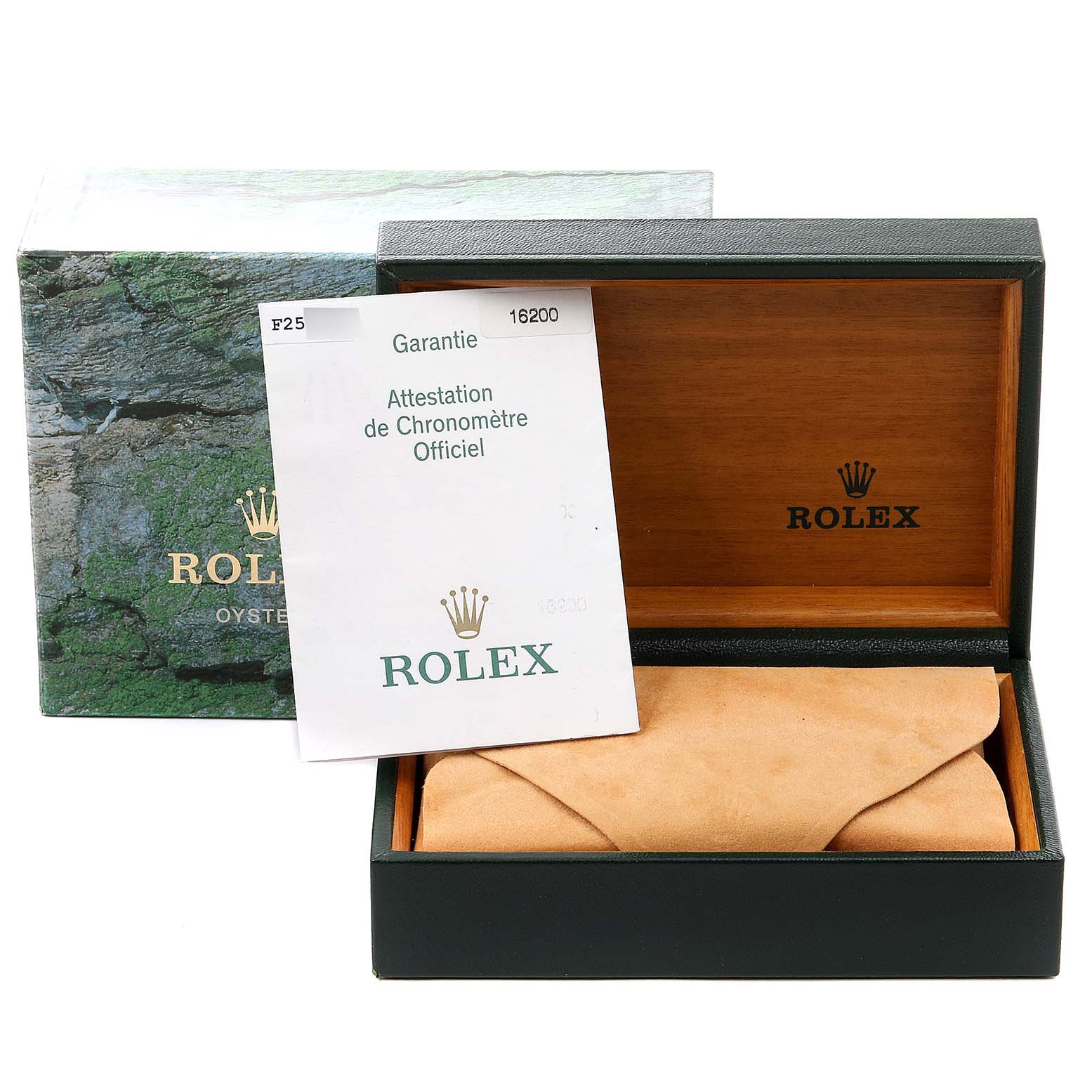 The image shows a Rolex Datejust 16200 Men's Stainless Steel Silver Dial 16200 Men's Stainless Steel Silver Dial box, outer packaging, and official warranty documentation.
