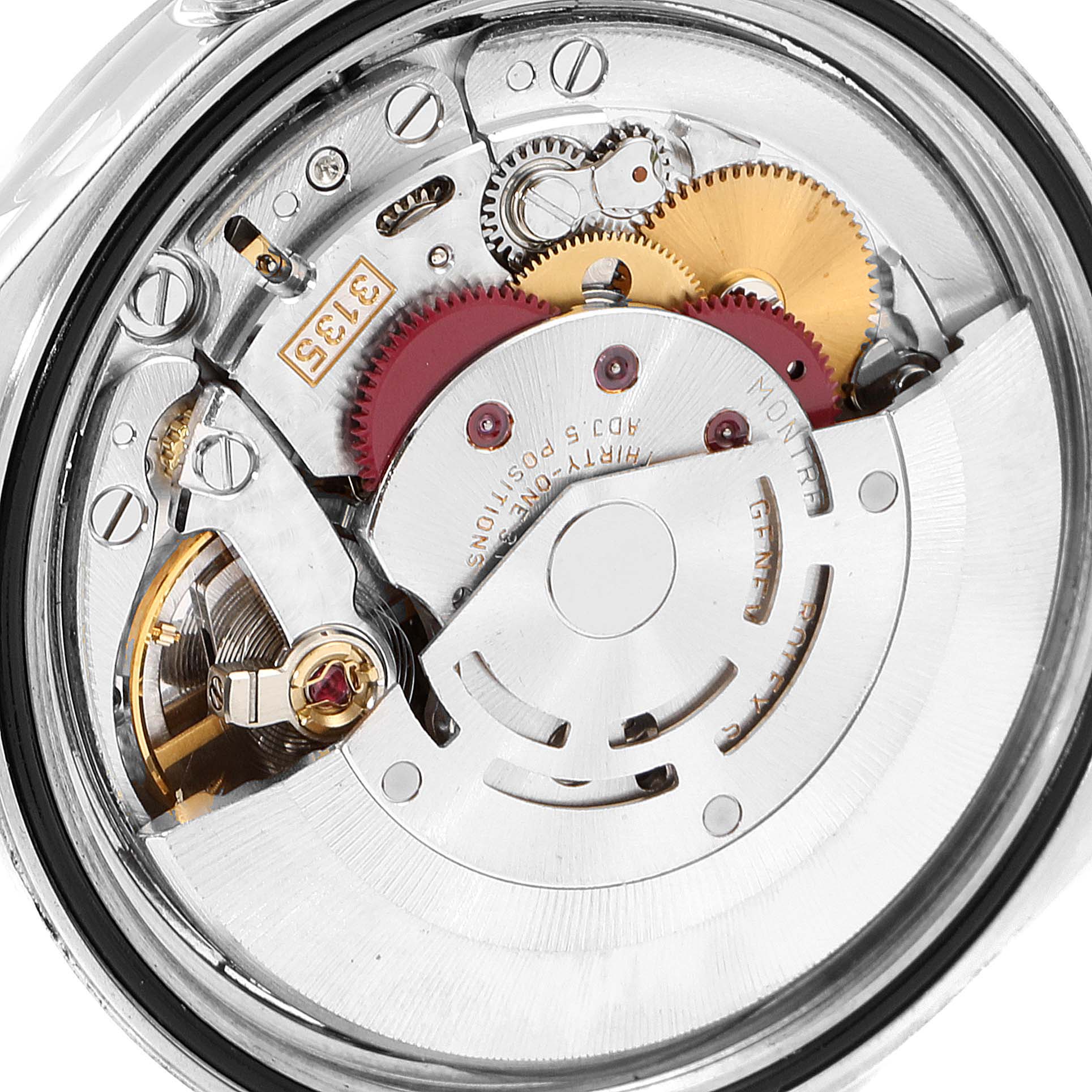 This close-up image shows the intricate movement and internal mechanisms of a Rolex Datejust 16200 Men's Stainless Steel Silver Dial 16200 Men's Stainless Steel Silver Dial watch.