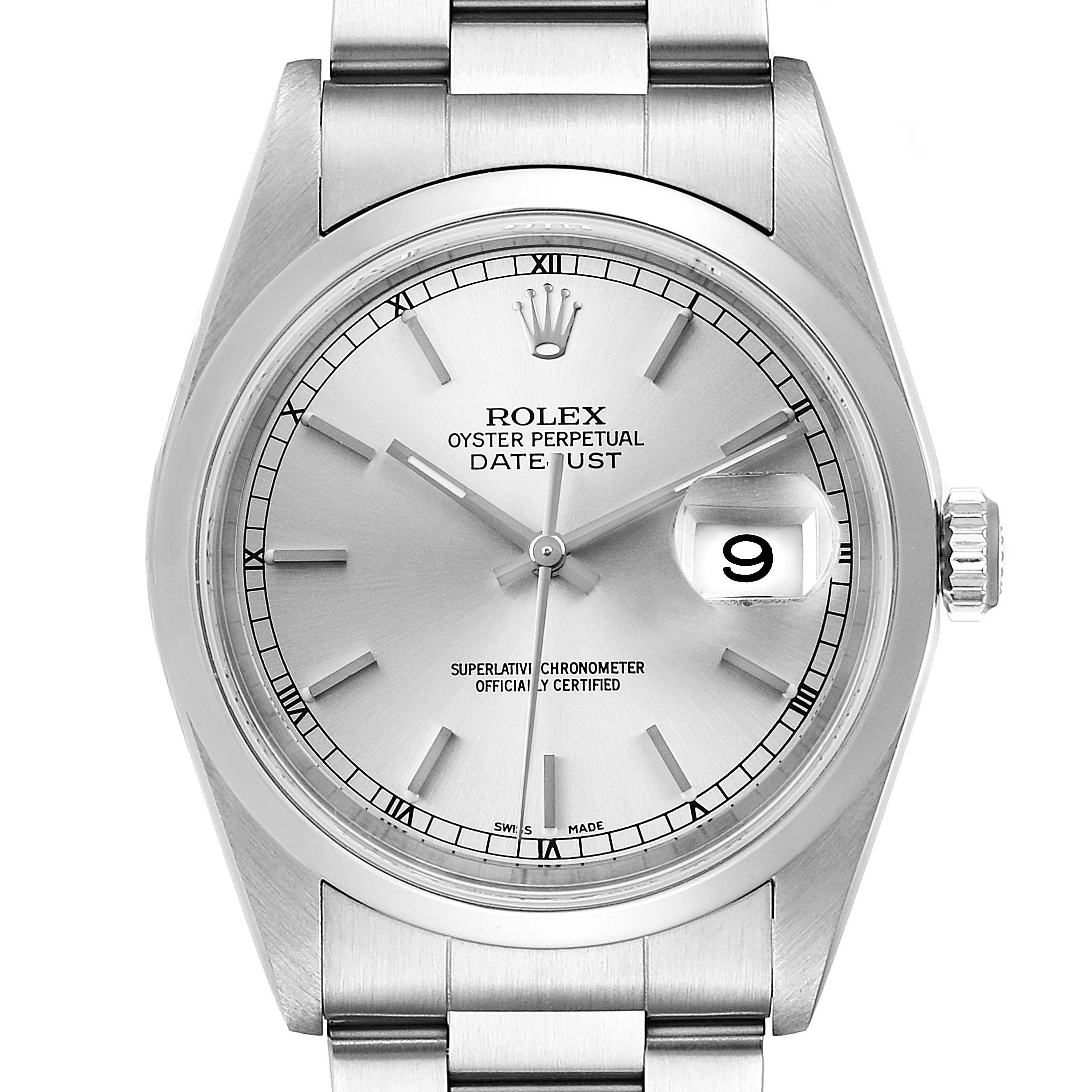 This image shows a front view of a Rolex Datejust 16200 Men's Stainless Steel Silver Dial 16200 Men's Stainless Steel Silver Dial watch, highlighting its face, bezel, crown, and part of the bracelet.