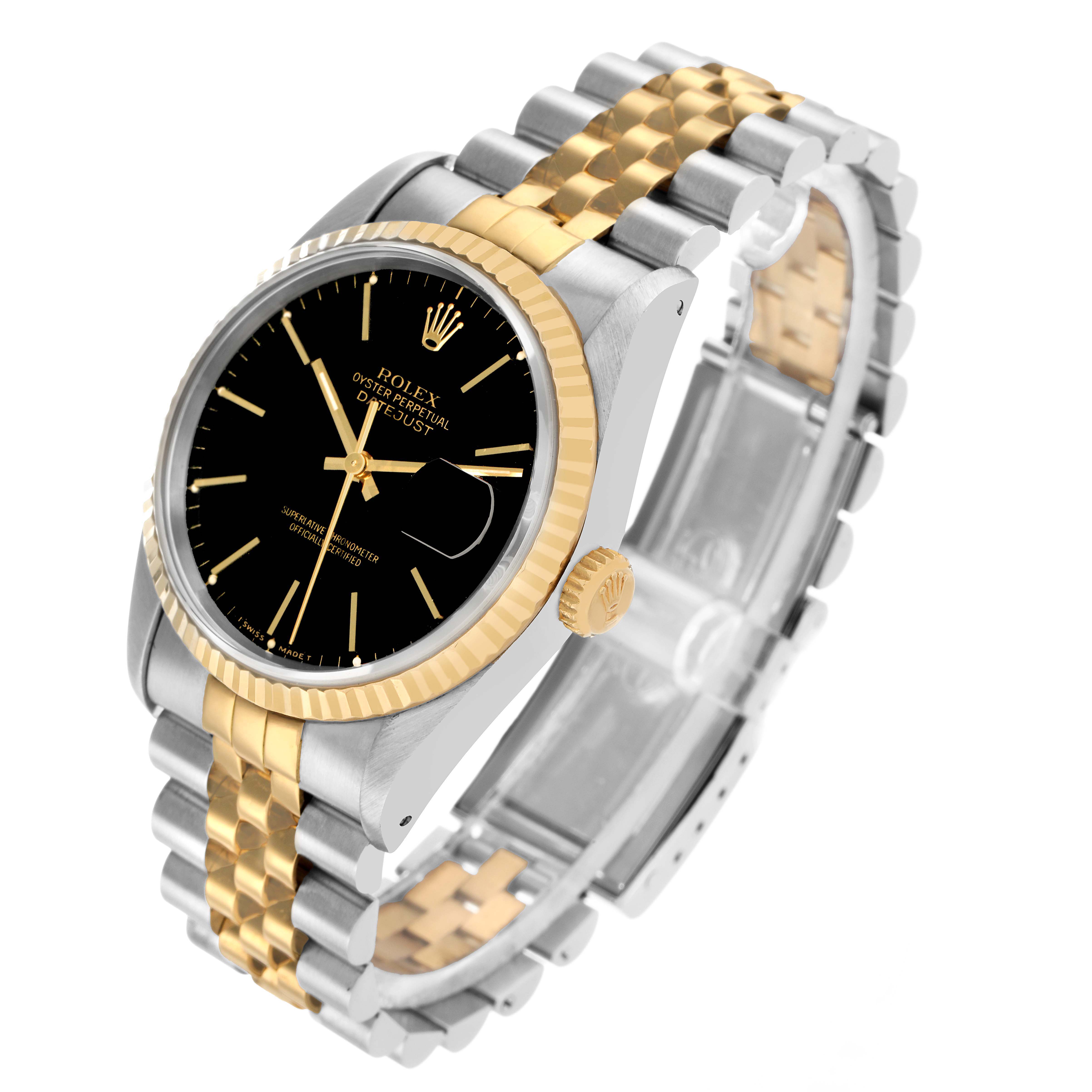 The Rolex Datejust 16233 Men's Steel and Gold (two tone) Black Dial is shown at an angled side view, highlighting the bezel, crown, bracelet, and black dial.