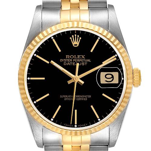 This Rolex Datejust 16233 Men's Steel and Gold (two tone) Black Dial watch is shown from the front, displaying the dial, fluted bezel, crown, and part of the bracelet.