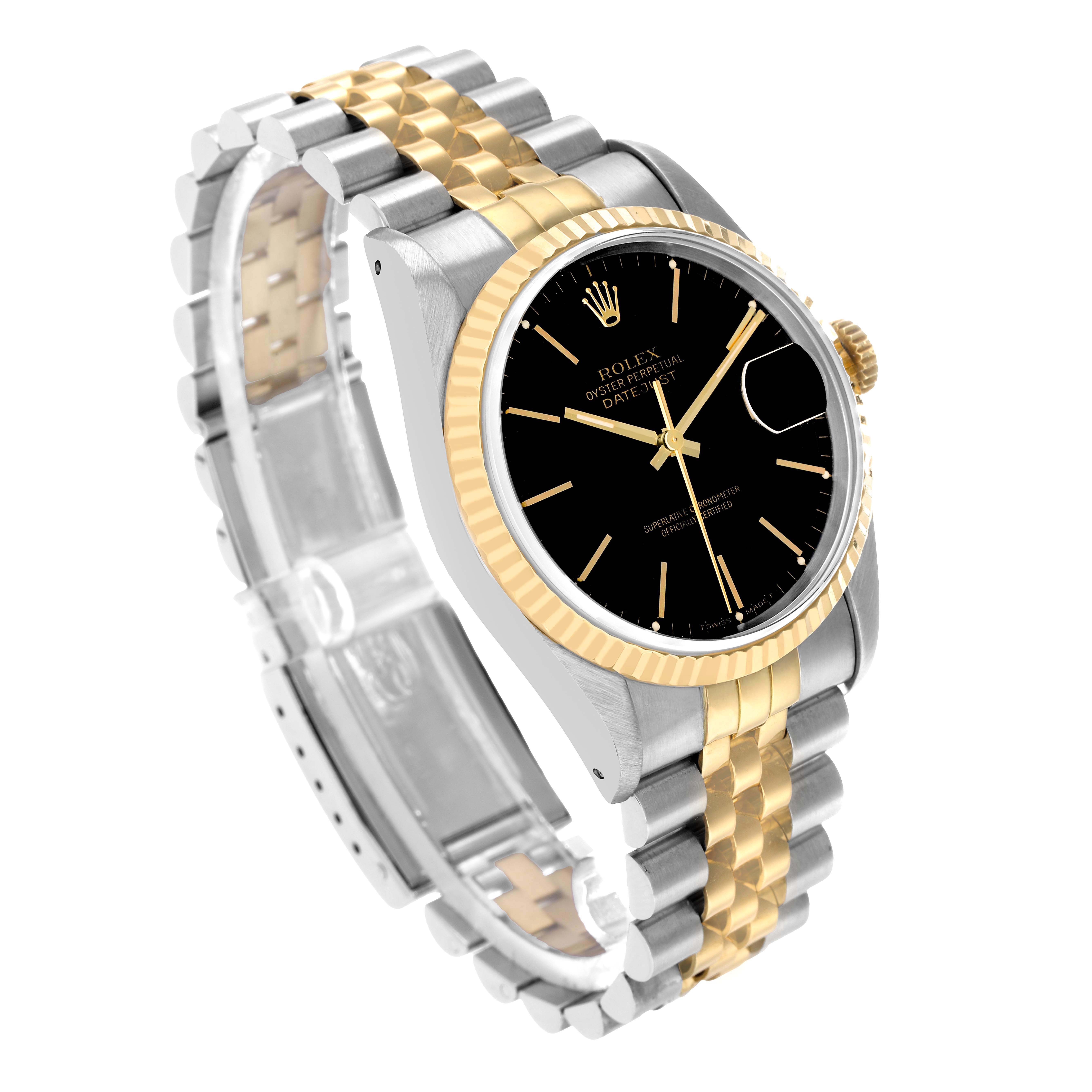 The Rolex Datejust 16233 Men's Steel and Gold (two tone) Black Dial is shown at a three-quarter angle, displaying the two-tone bracelet, black dial, and fluted bezel.