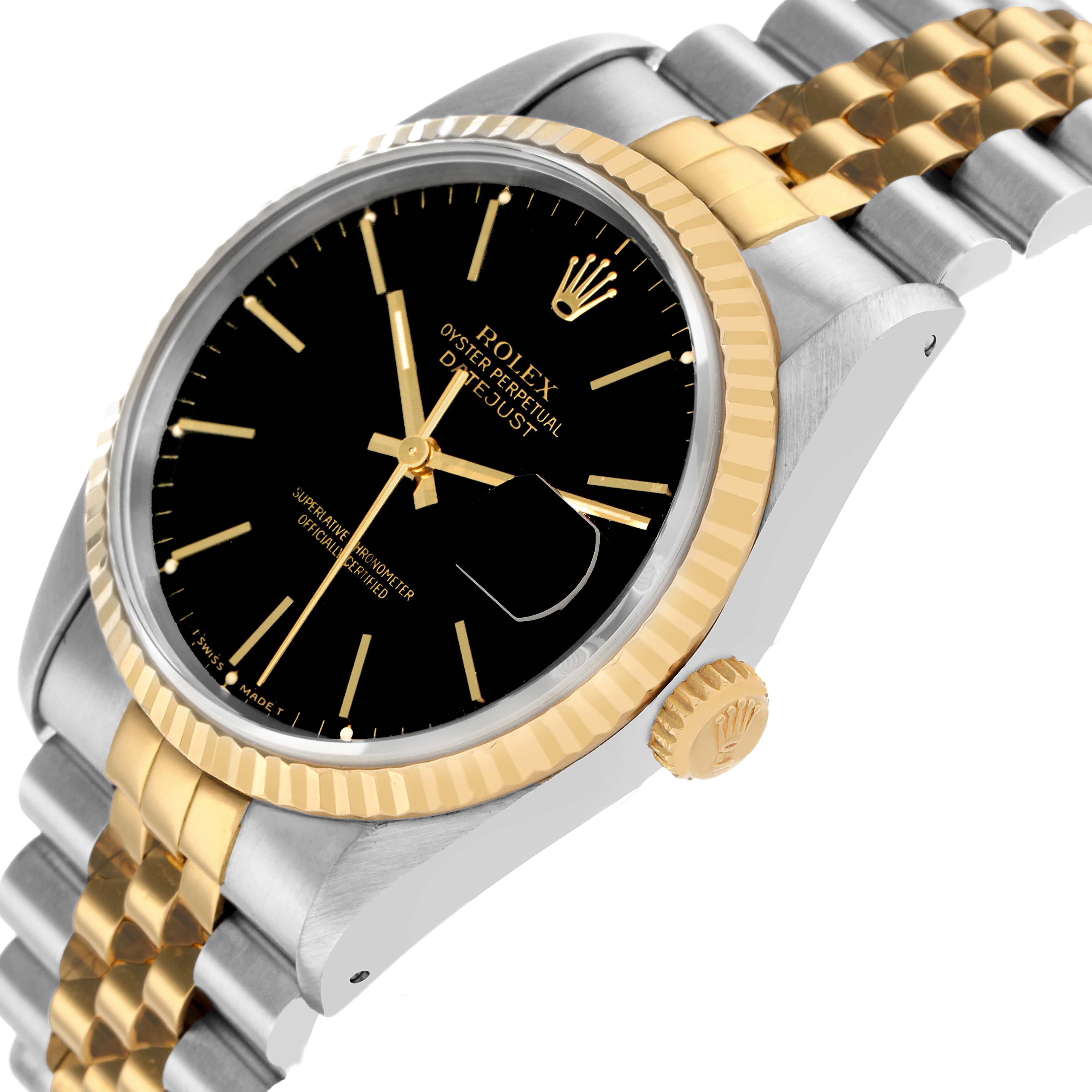 The Rolex Datejust 16233 Men's Steel and Gold (two tone) Black Dial watch is shown from an angled top-side view, displaying the dial, fluted bezel, crown, and bracelet.