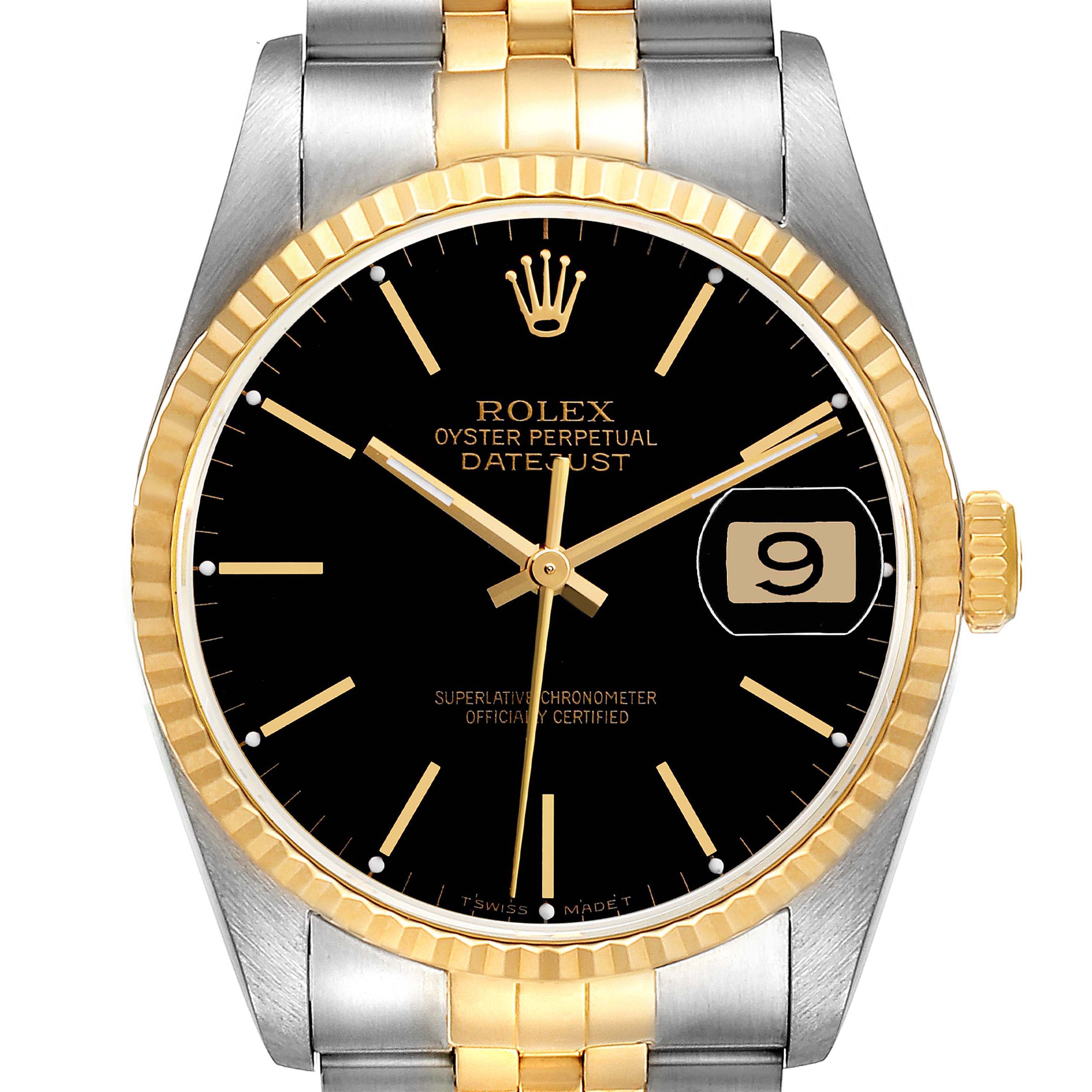 The Rolex Datejust 16233 Men's Steel and Gold (two tone) Black Dial watch is shown from a front angle, displaying the face, bezel, crown, and part of the bracelet.