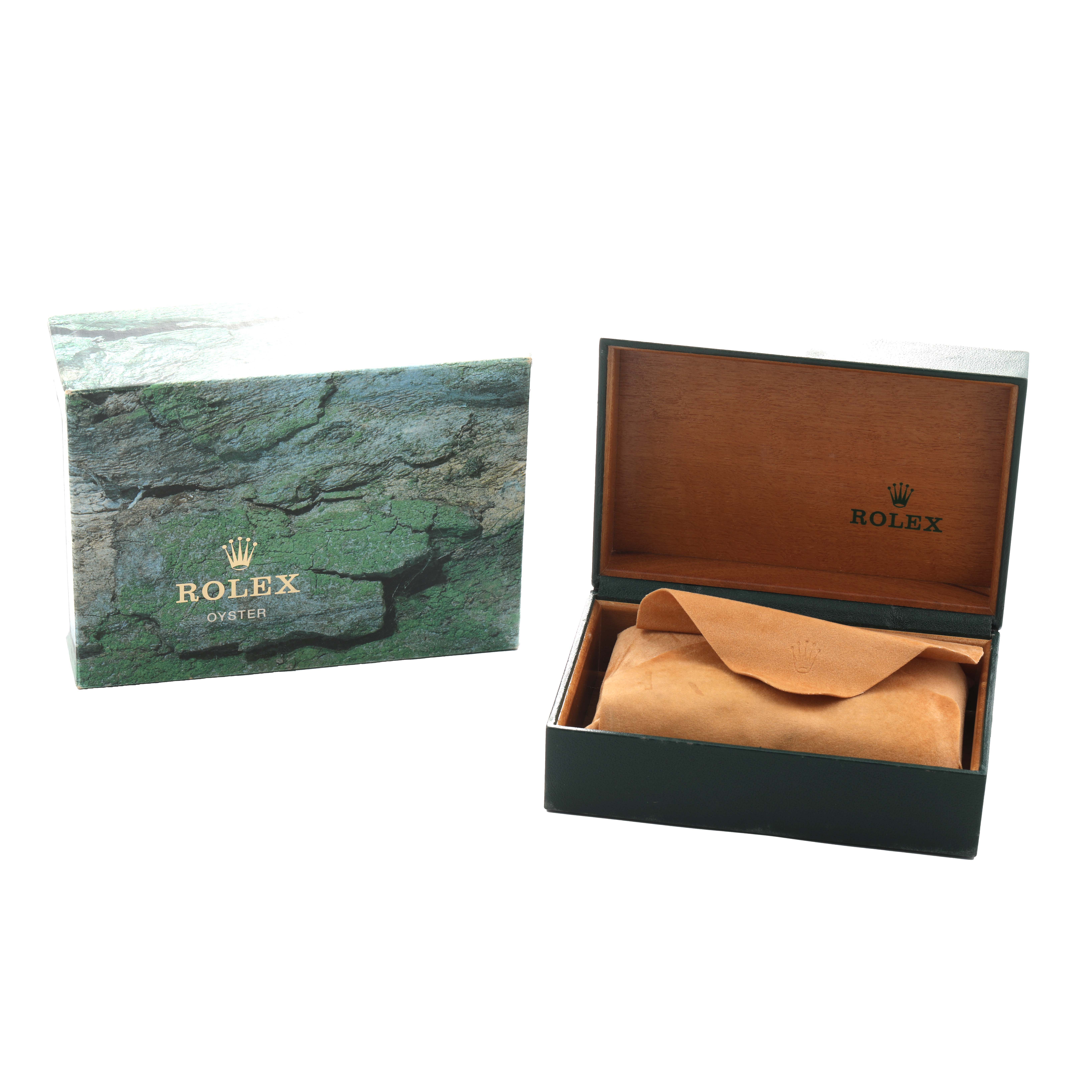 The image shows a Rolex Datejust 16233 Men's Steel and Gold (two tone) Black Dial box and outer box, open to reveal the brown leather interior and cover.