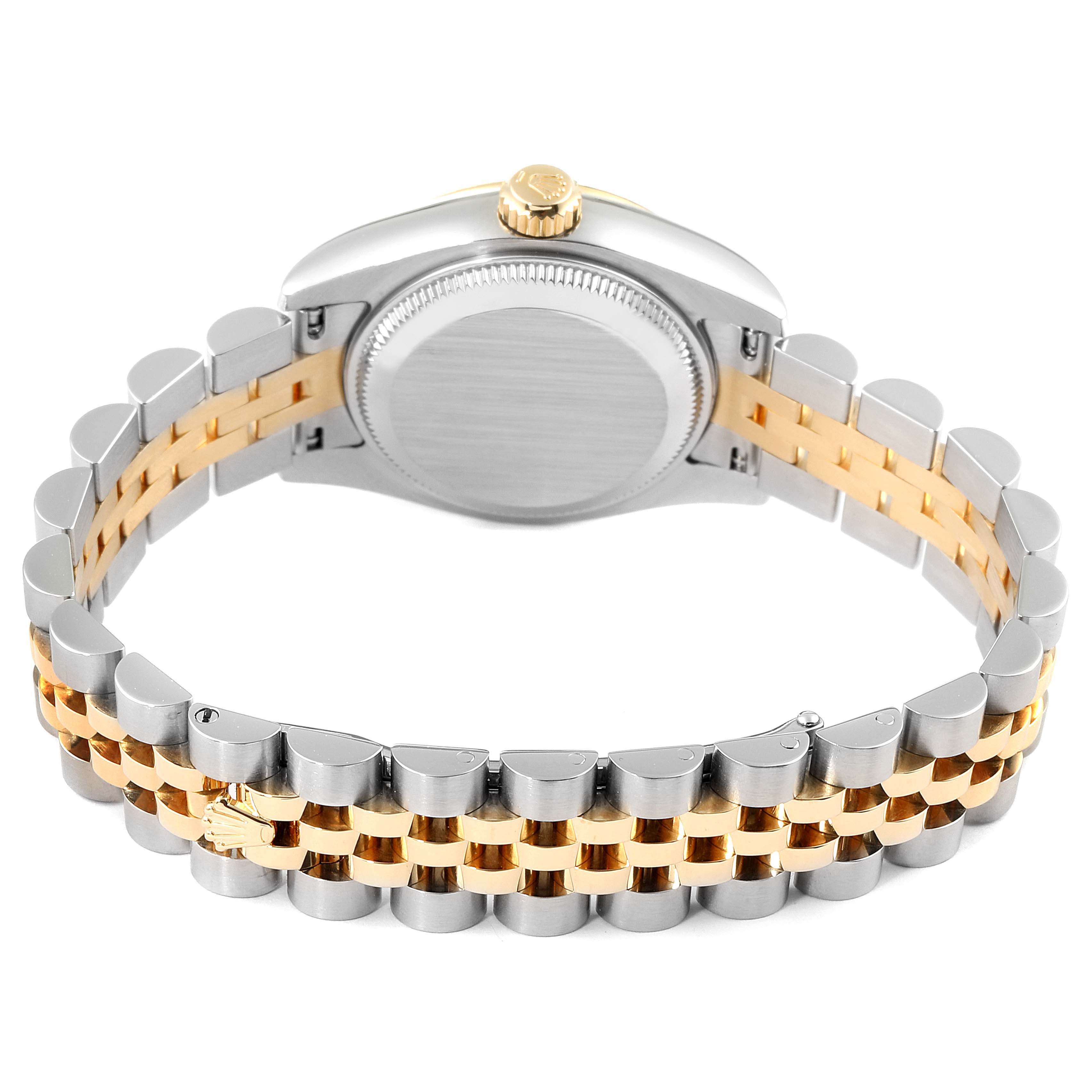 This image shows the back view of the Rolex Datejust 179173 Women's Steel and Gold (two tone) Black Dial 179173 Women's Steel and Gold (two tone) Black Dial watch, highlighting its case back, crown, and two-tone bracelet.