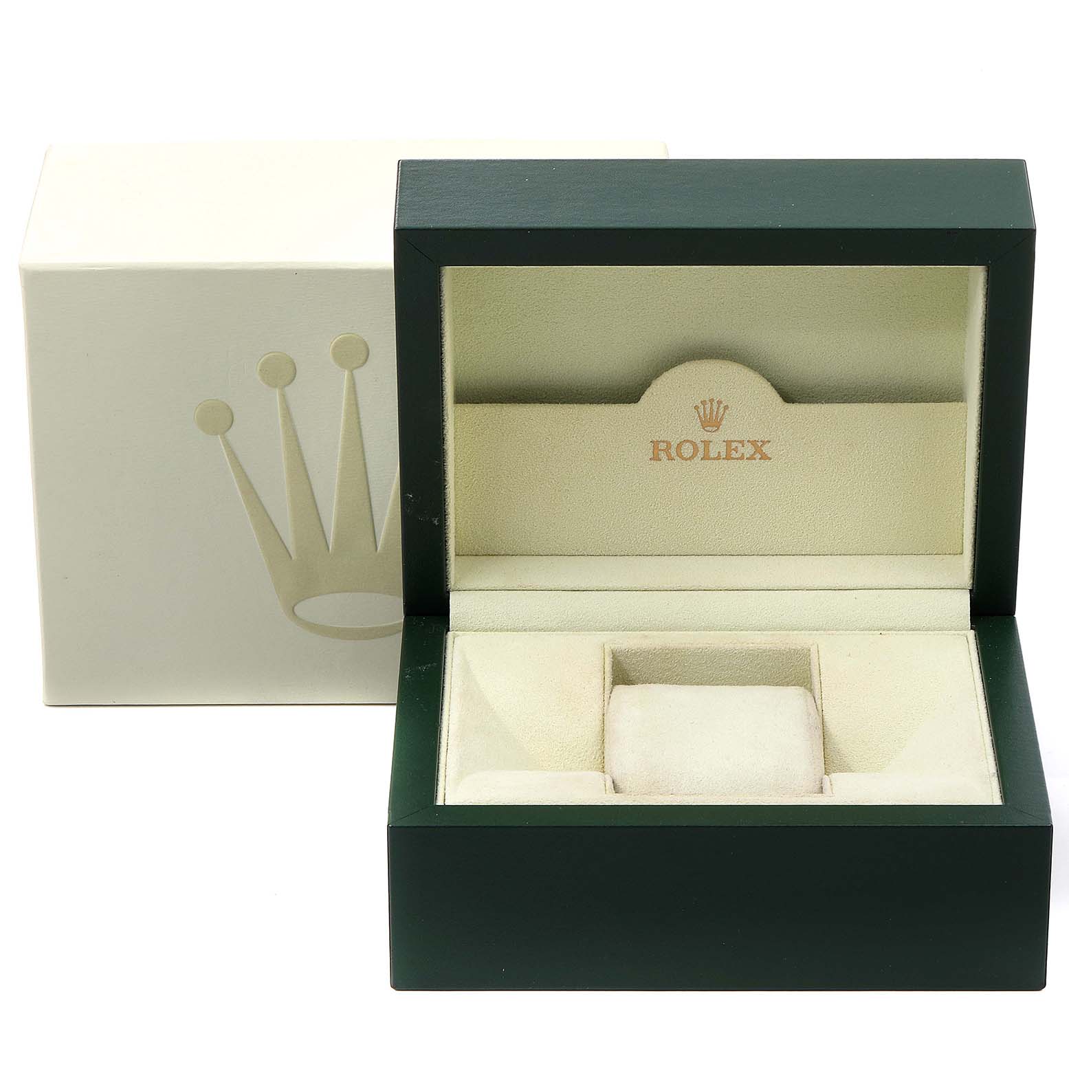 This image shows an open Rolex Datejust 179173 Women's Steel and Gold (two tone) Black Dial 179173 Women's Steel and Gold (two tone) Black Dial watch box and its outer box, displaying the interior cushion and lining.