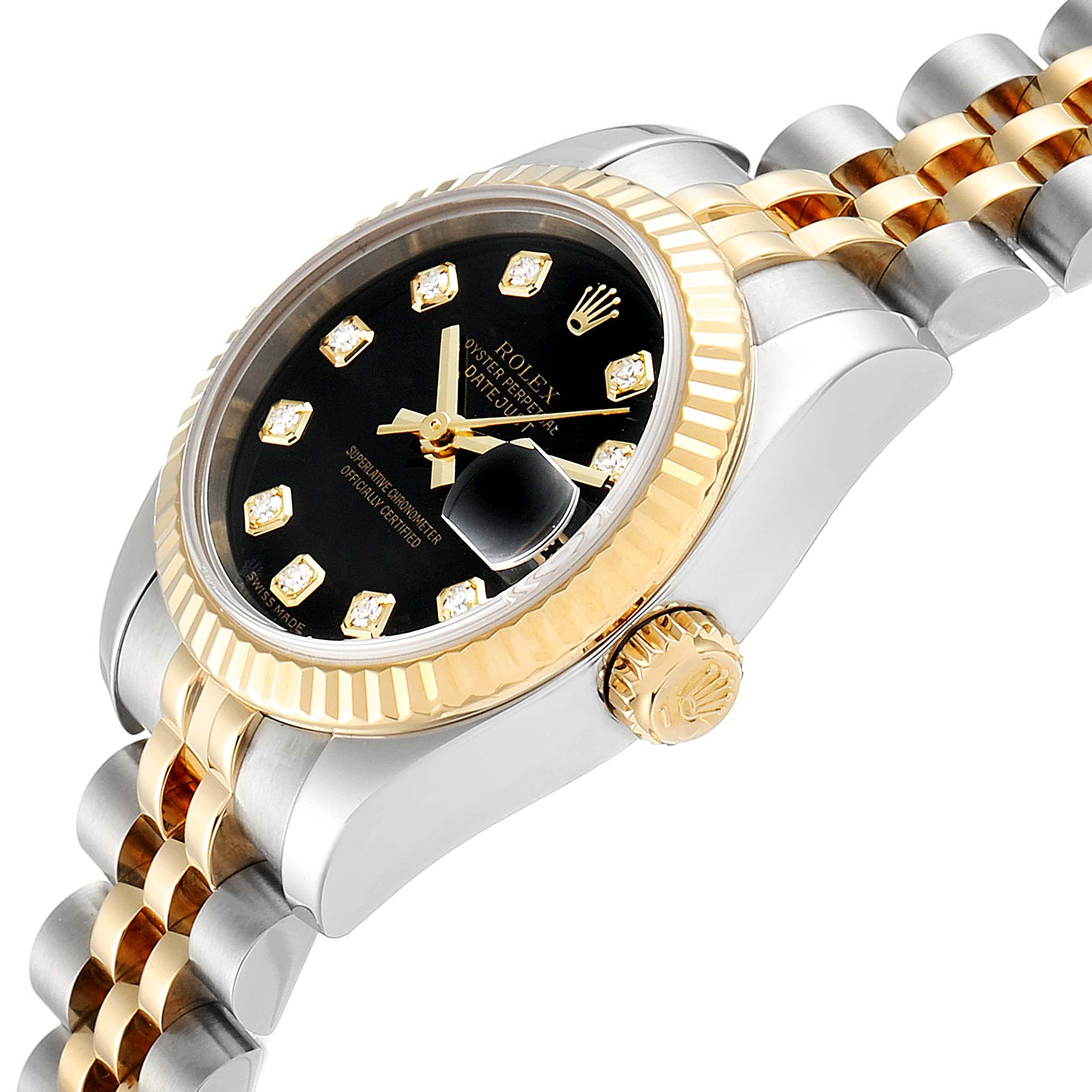 The Rolex Datejust 179173 Women's Steel and Gold (two tone) Black Dial 179173 Women's Steel and Gold (two tone) Black Dial watch is shown at an angled side view, displaying the crown, bezel, dial, and part of the bracelet.