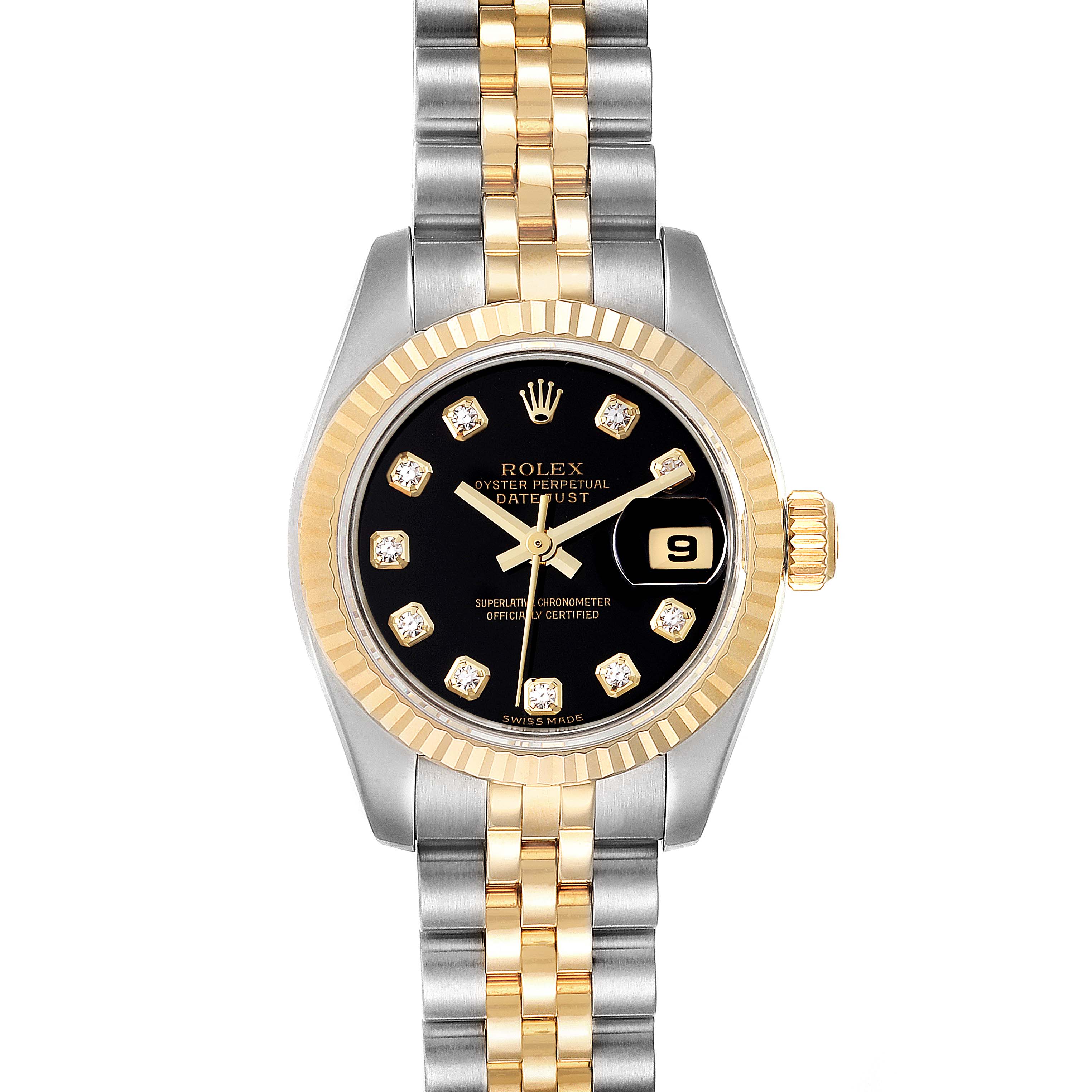 This image shows a Rolex Datejust 179173 Women's Steel and Gold (two tone) Black Dial 179173 Women's Steel and Gold (two tone) Black Dial model watch from the front, highlighting its gold and silver bracelet, black dial, and diamond hour markers.