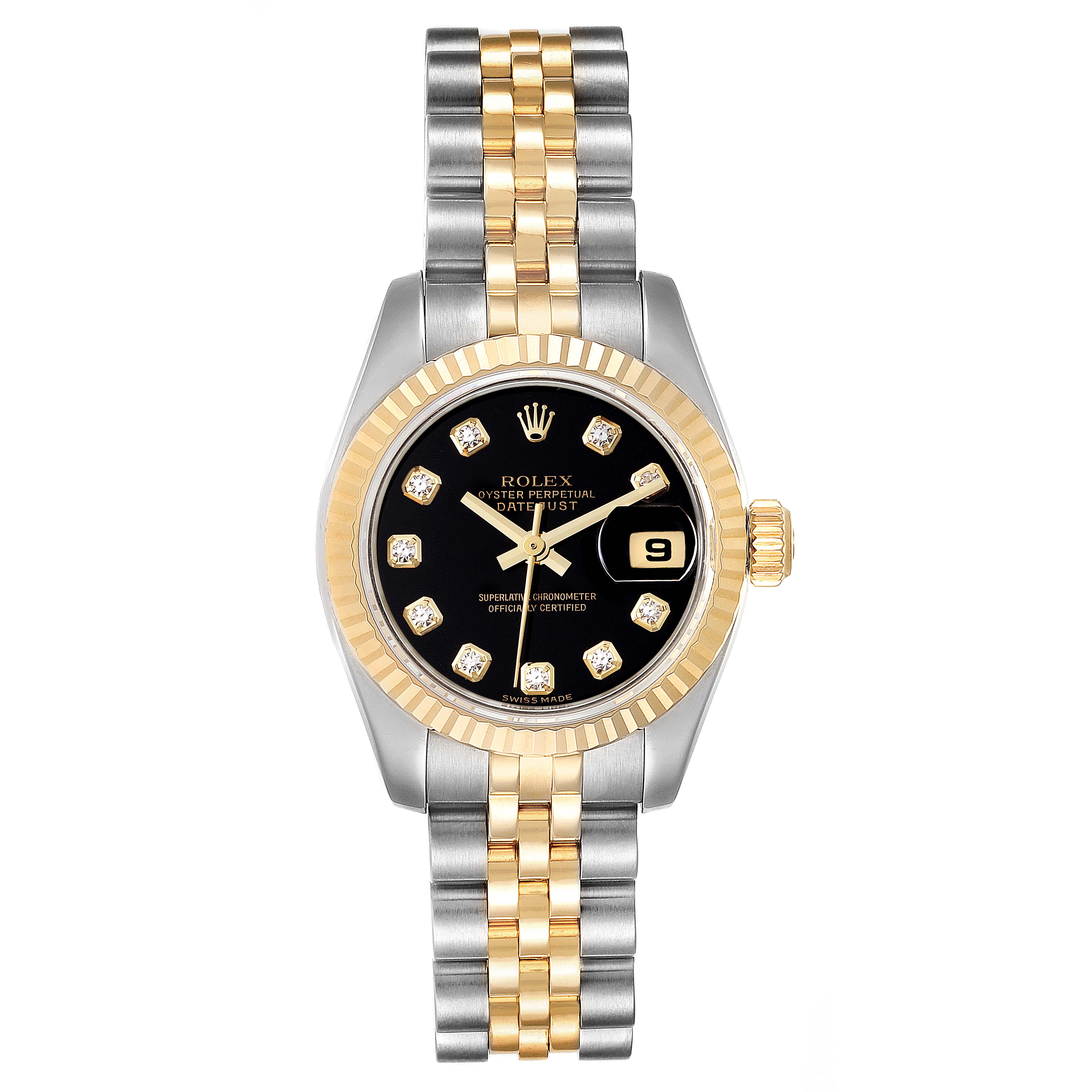The Rolex Datejust 179173 Women's Steel and Gold (two tone) Black Dial 179173 Women's Steel and Gold (two tone) Black Dial watch is shown from a front view, highlighting the black dial, gold bezel, and two-tone bracelet.