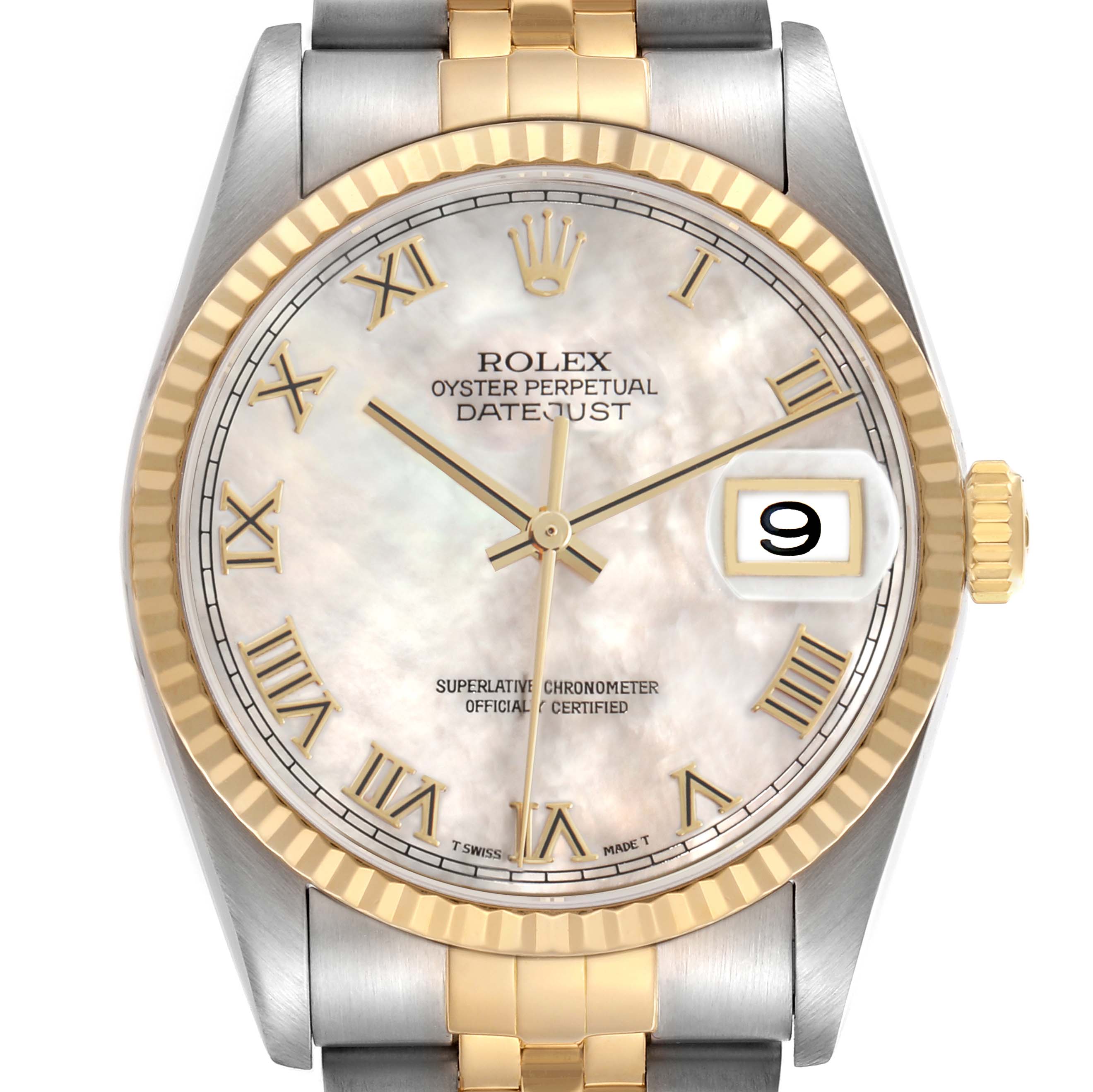 The Rolex Datejust 16233 Men's Stainless Steel Mother of Pearl Dial watch is shown from the front, highlighting its dial, hands, date window, and part of the bracelet.