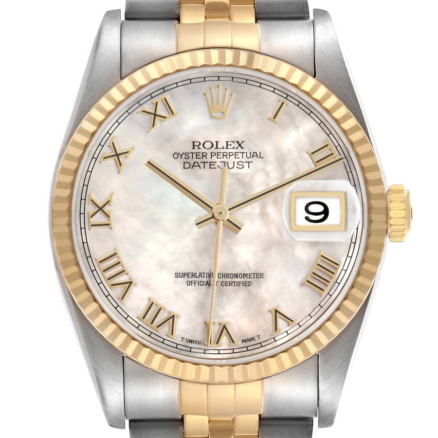 The Rolex Datejust 16233 Men's Stainless Steel Mother of Pearl Dial watch is shown from the front, highlighting its dial, hands, date window, and part of the bracelet.