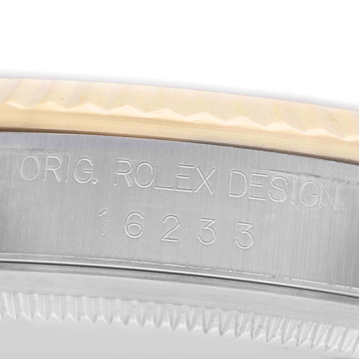 The image shows a close-up of the Rolex Datejust 16233 Men's Stainless Steel Mother of Pearl Dial's case side with the model number "16233" engraved.