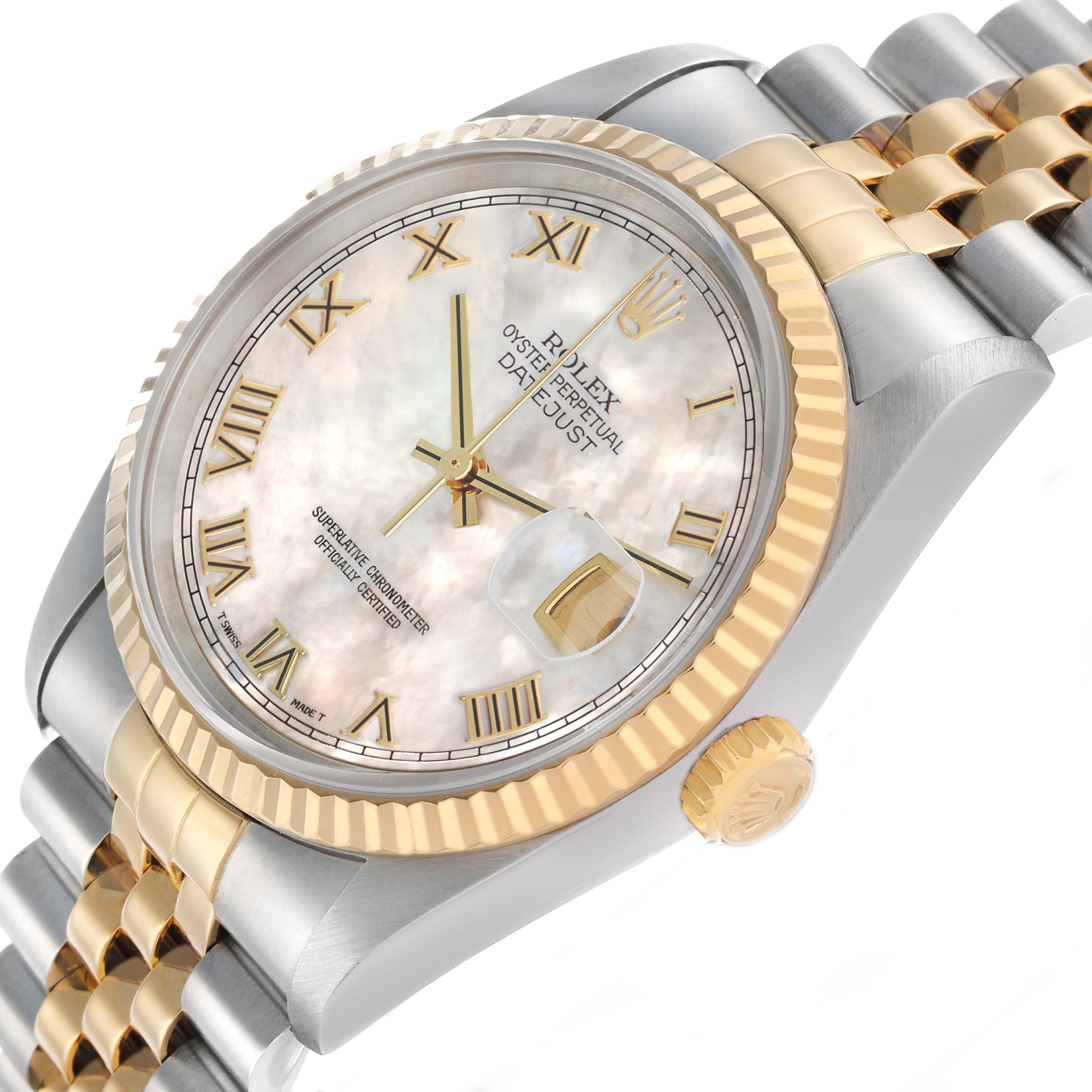 The Rolex Datejust 16233 Men's Stainless Steel Mother of Pearl Dial watch is shown at a slight side angle, highlighting the face, bezel, crown, and two-tone bracelet.