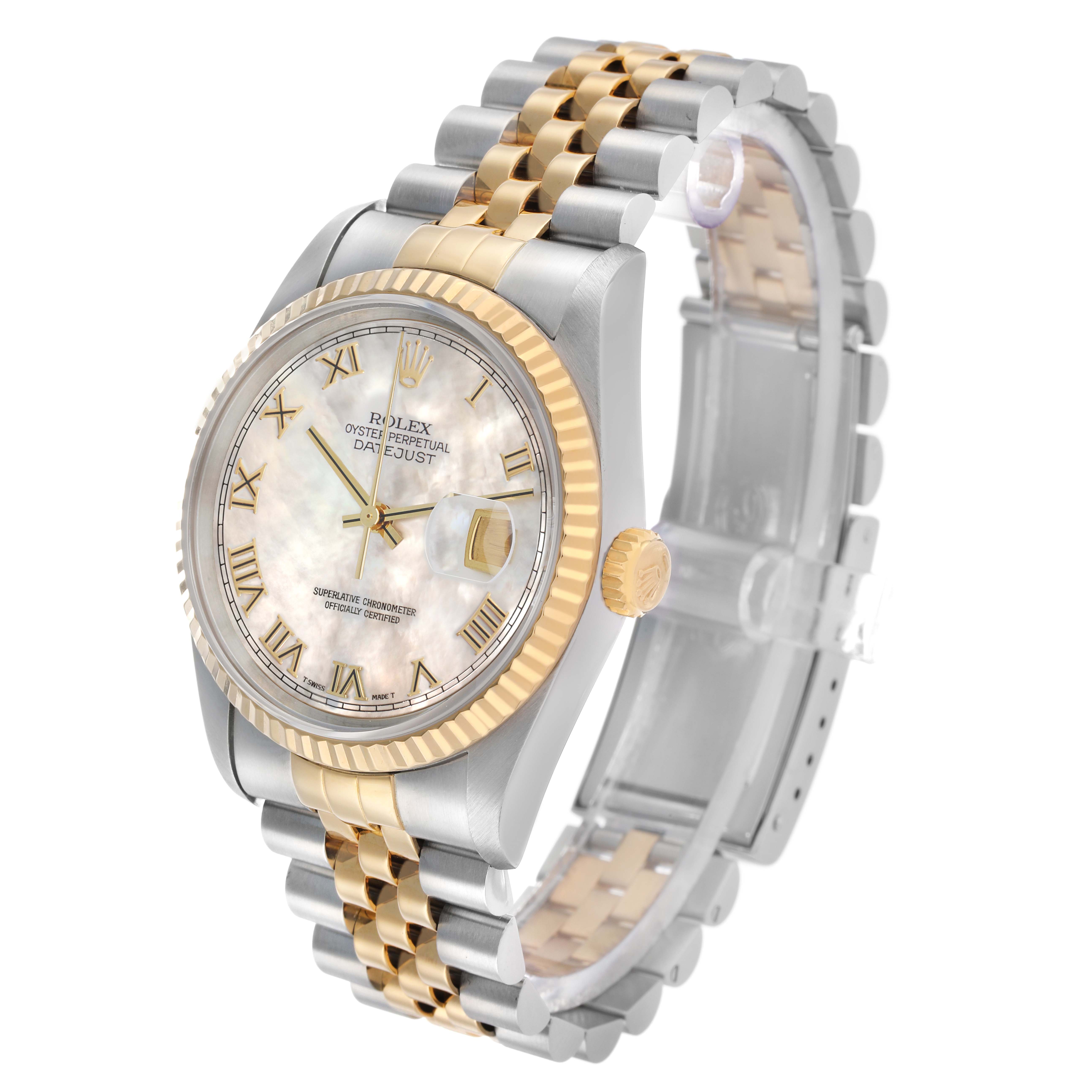 The Rolex Datejust 16233 Men's Stainless Steel Mother of Pearl Dial is shown at a three-quarter angle, featuring the bezel, dial, case, and Jubilee bracelet.