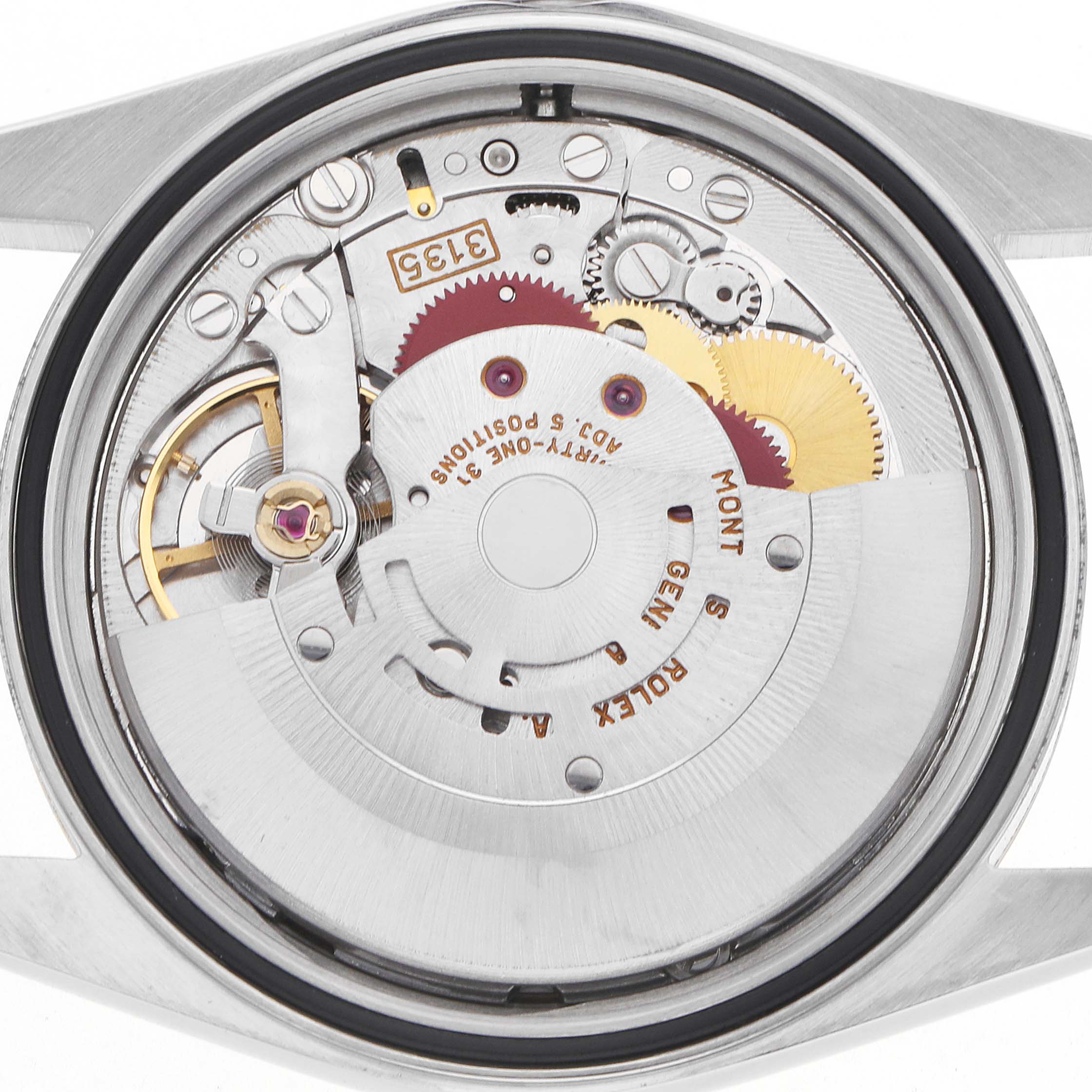 The image shows the back of a Rolex Datejust 16233 Men's Stainless Steel Mother of Pearl Dial, focusing on the watch's internal movement components.