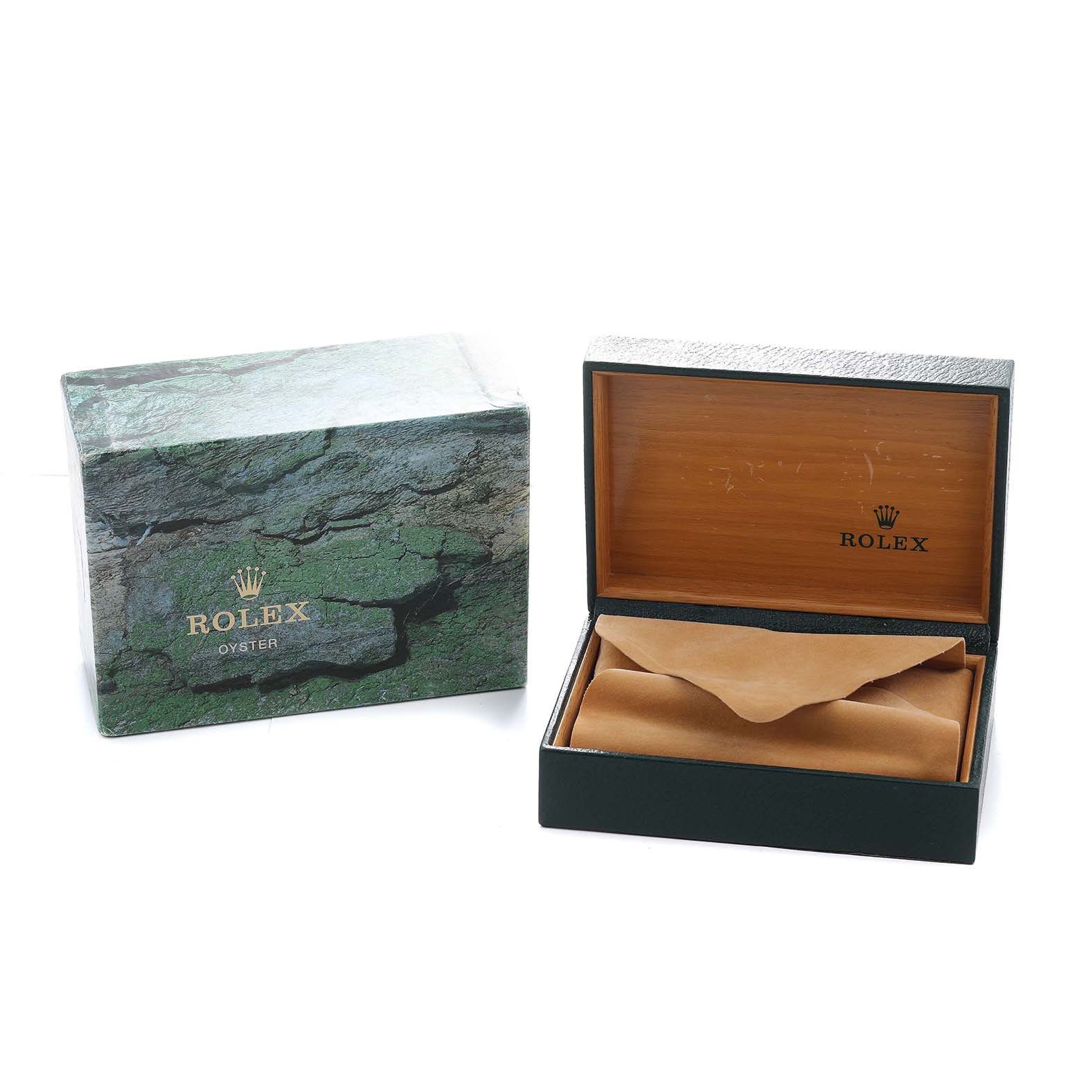 The image shows the packaging for a Rolex Datejust 16233 Men's Stainless Steel Mother of Pearl Dial, featuring the outer box and an open display box with a cushion for the watch.