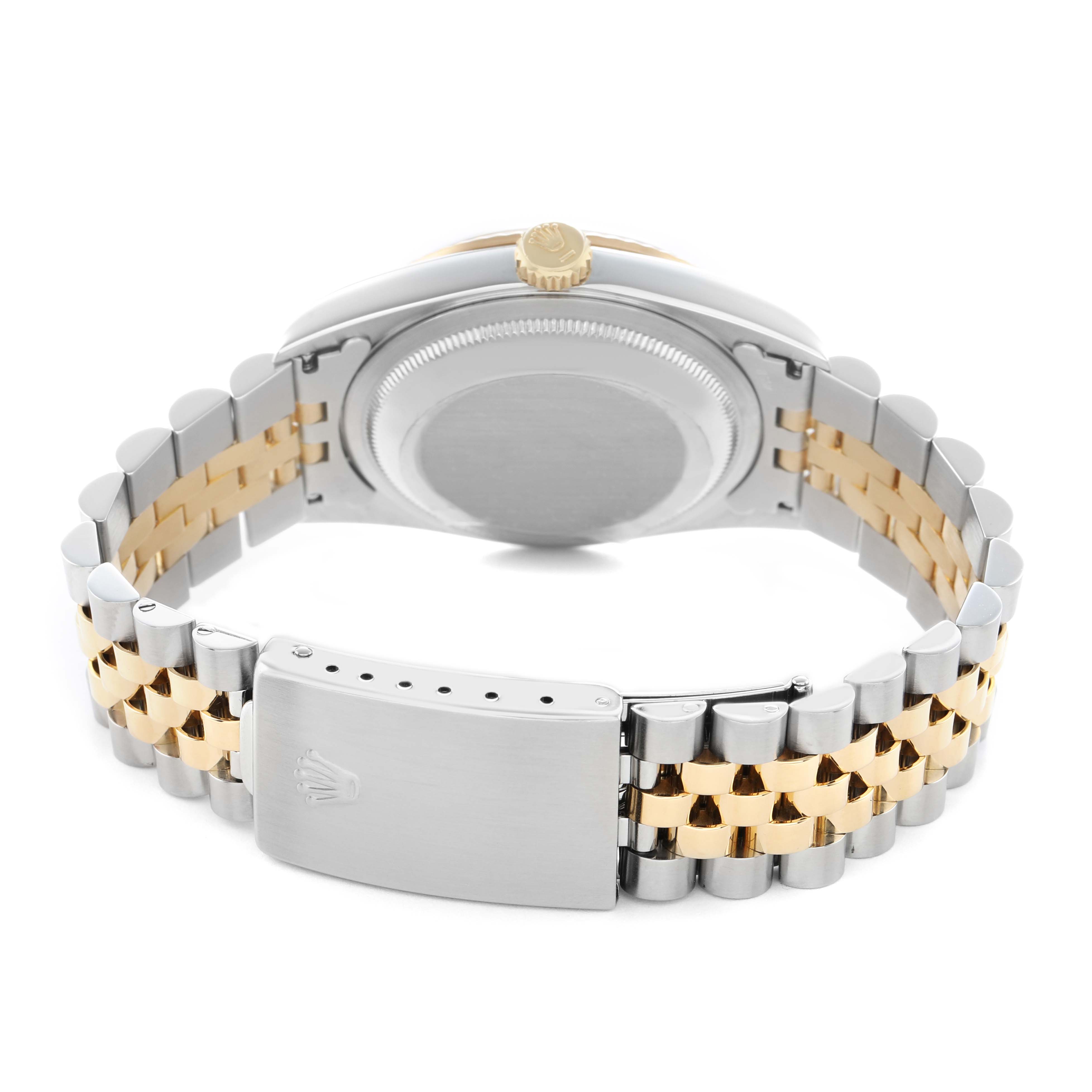 The image shows the Rolex Datejust 16233 Men's Stainless Steel Mother of Pearl Dial watch from the back, highlighting the case back and two-tone bracelet with the clasp.