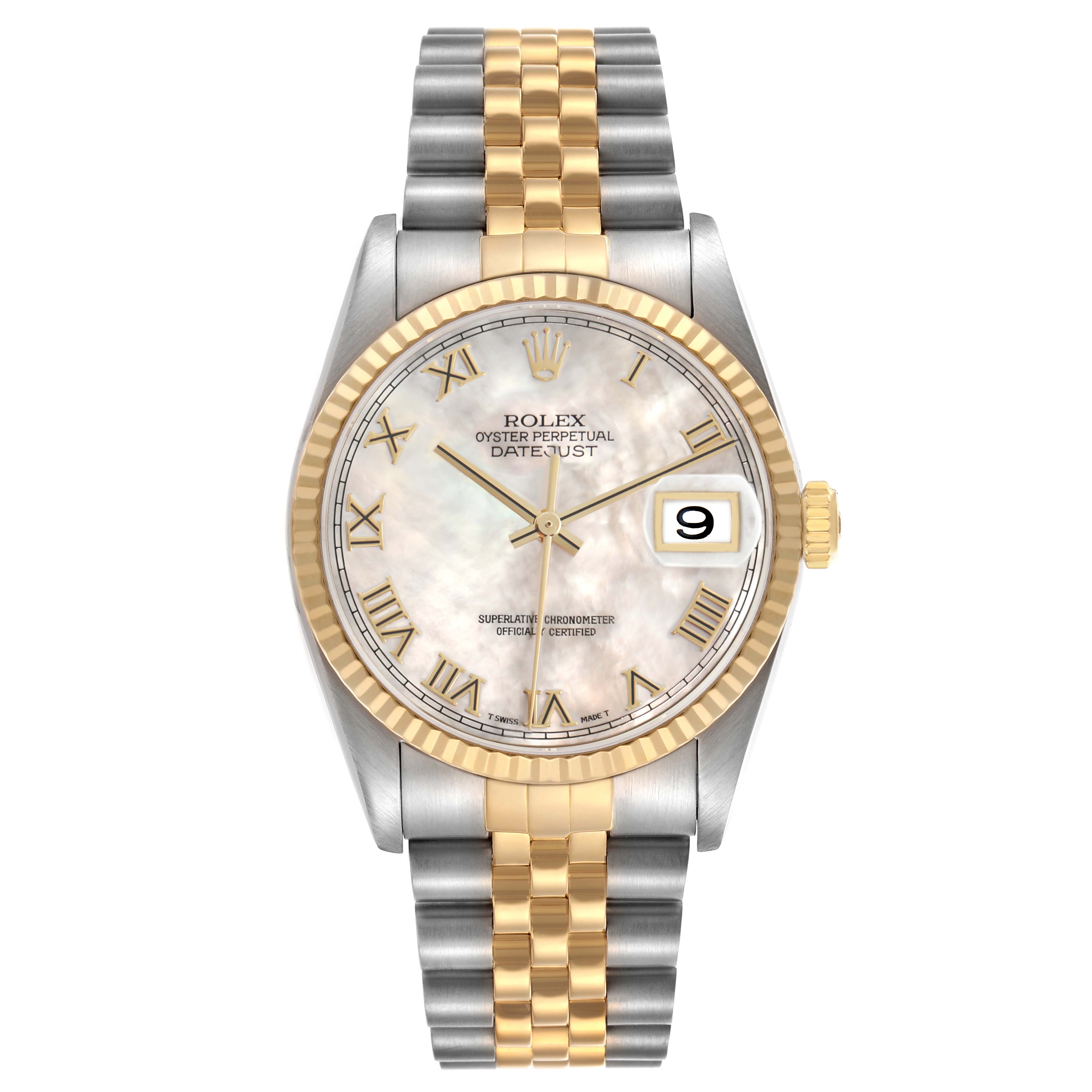 The Rolex Datejust 16233 Men's Stainless Steel Mother of Pearl Dial watch is shown from the front and includes the dial, bezel, crown, and bracelet.
