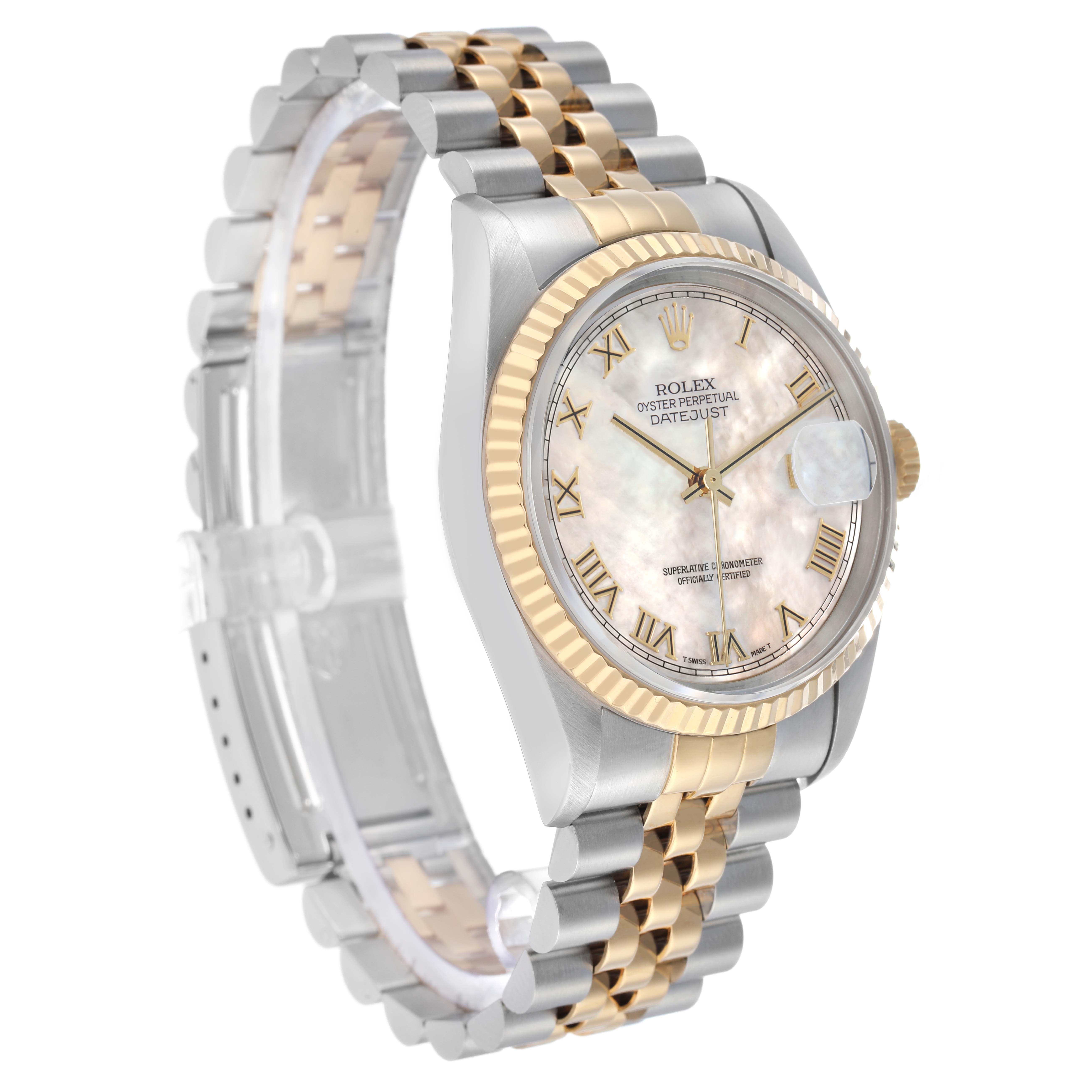 The Rolex Datejust 16233 Men's Stainless Steel Mother of Pearl Dial watch is angled to show its face, fluted bezel, and two-tone jubilee bracelet.