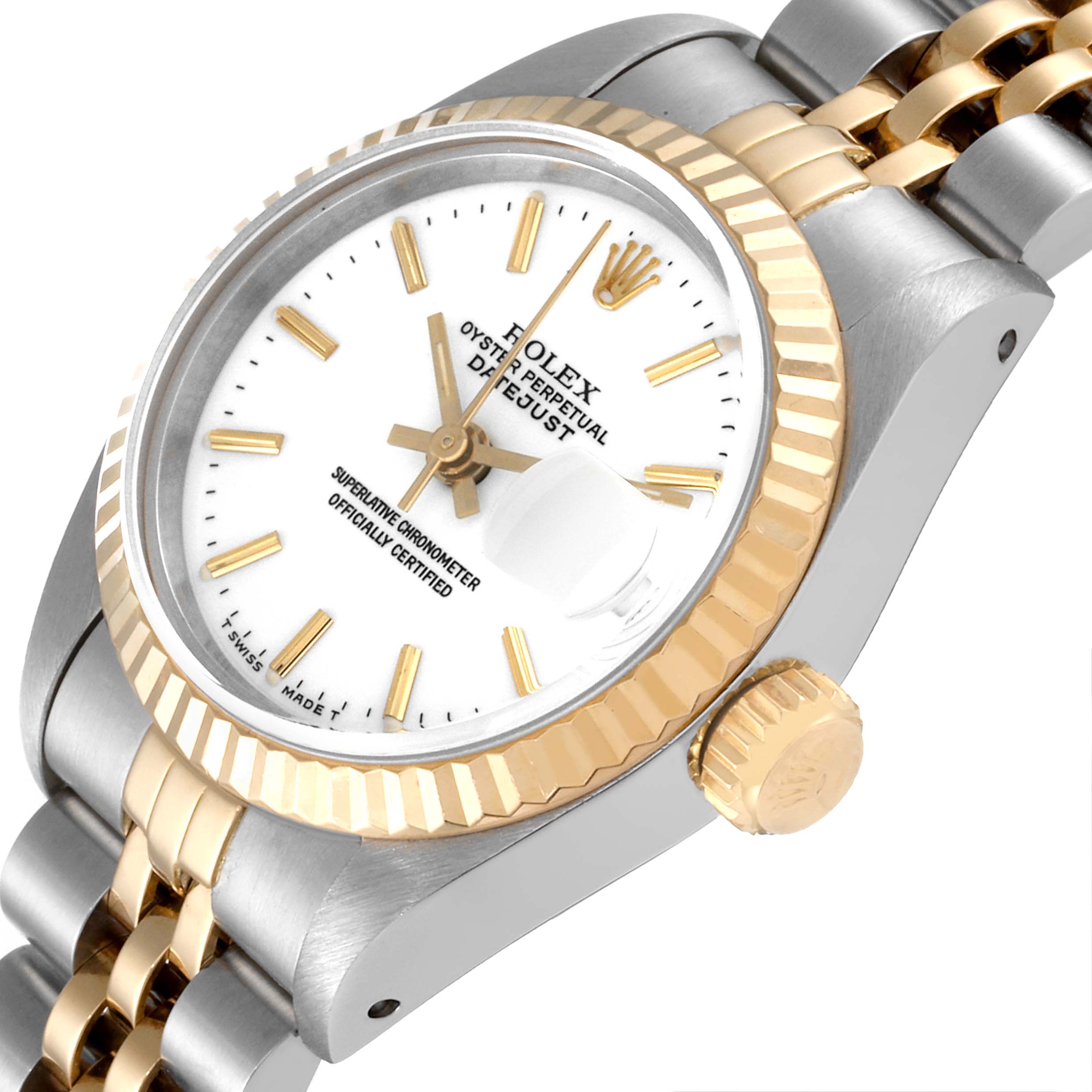 The Rolex Datejust 69173 Women's Steel and Gold (two tone) White Dial 69173 Women's Steel and Gold (two tone) White Dial watch is shown at an oblique angle displaying the dial, crown, and part of the bracelet.