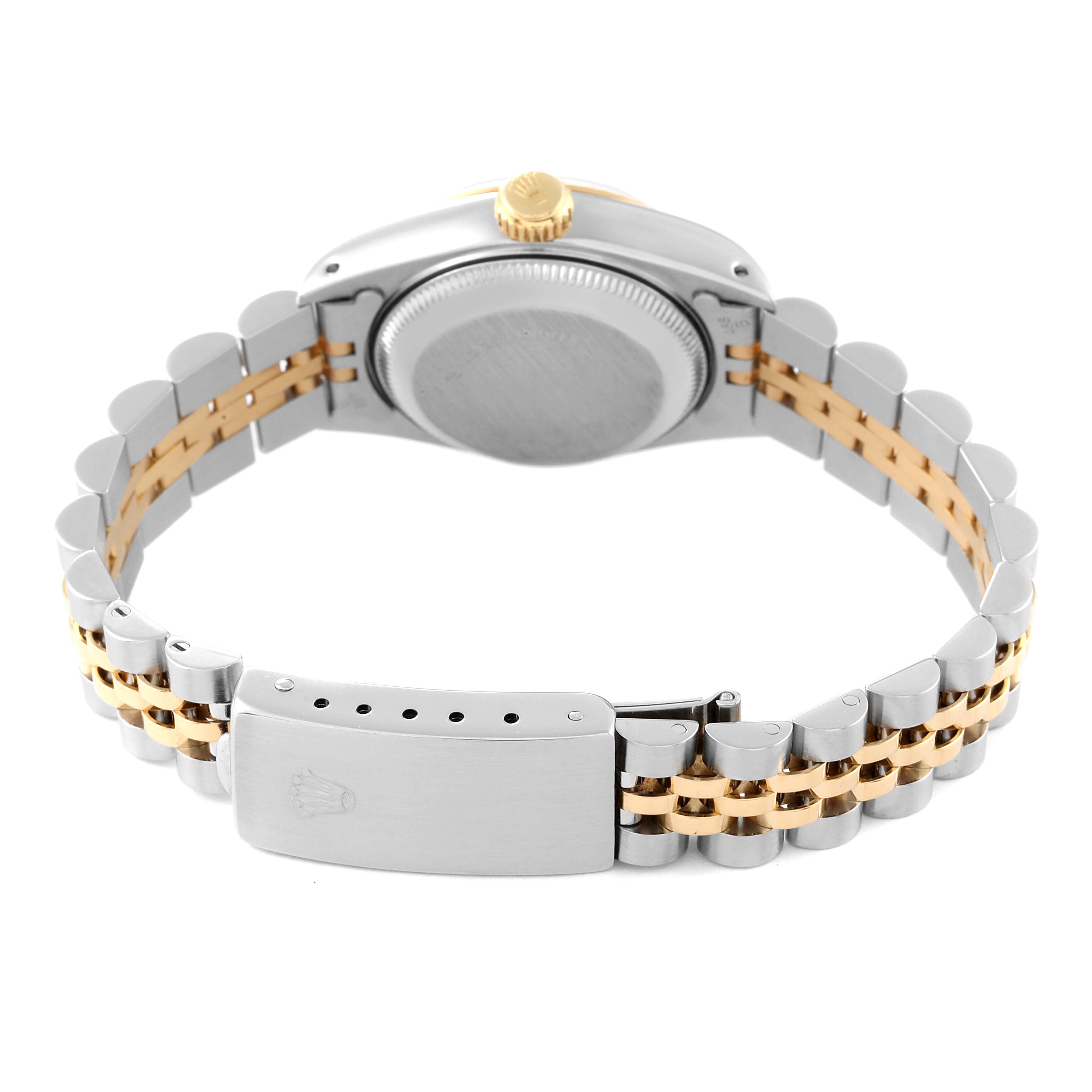 The image shows the back and bracelet of a Rolex Datejust 69173 Women's Steel and Gold (two tone) White Dial 69173 Women's Steel and Gold (two tone) White Dial watch, highlighting its two-tone metal construction.