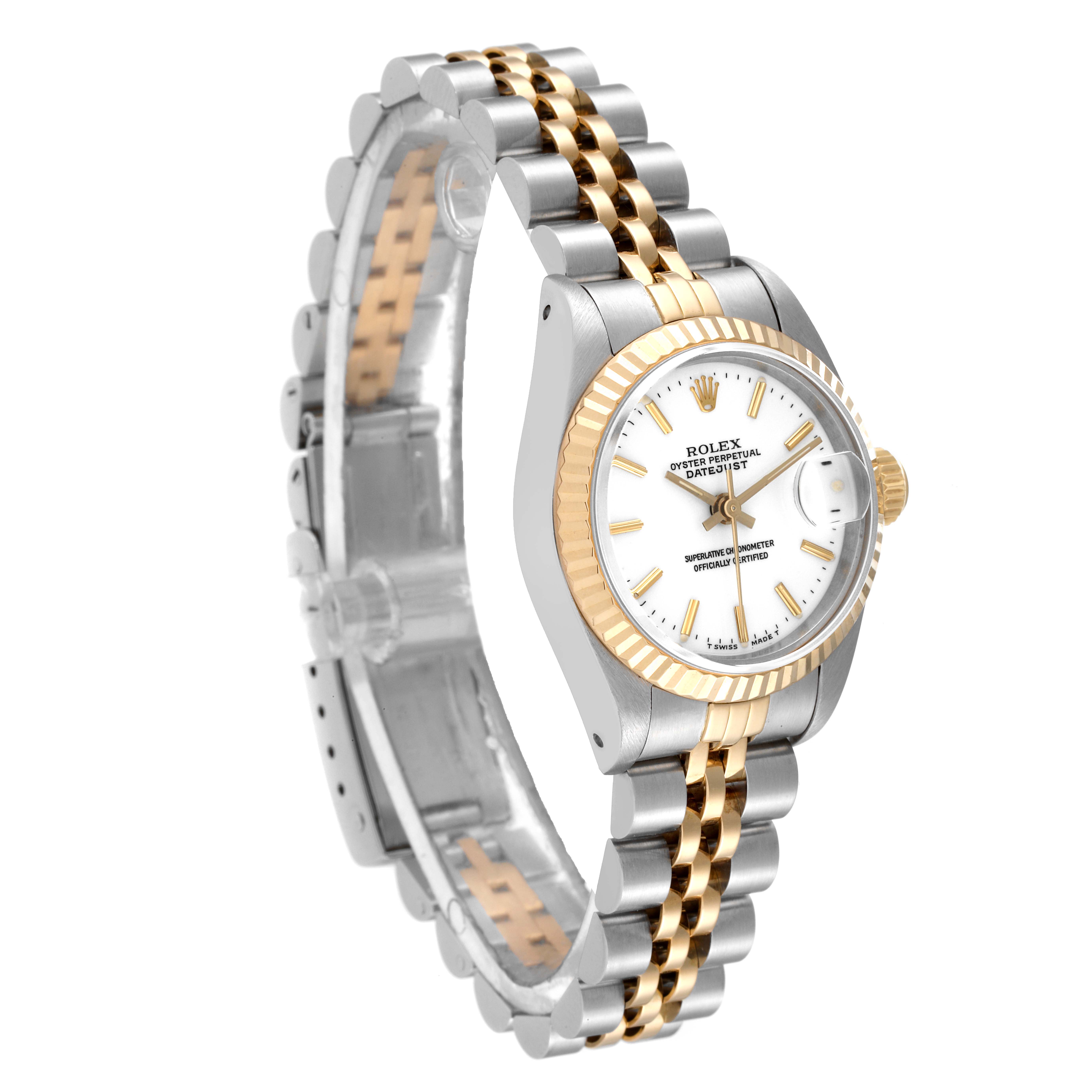 This image shows the Rolex Datejust 69173 Women's Steel and Gold (two tone) White Dial 69173 Women's Steel and Gold (two tone) White Dial watch from a three-quarter angle, highlighting the bracelet, bezel, and dial.