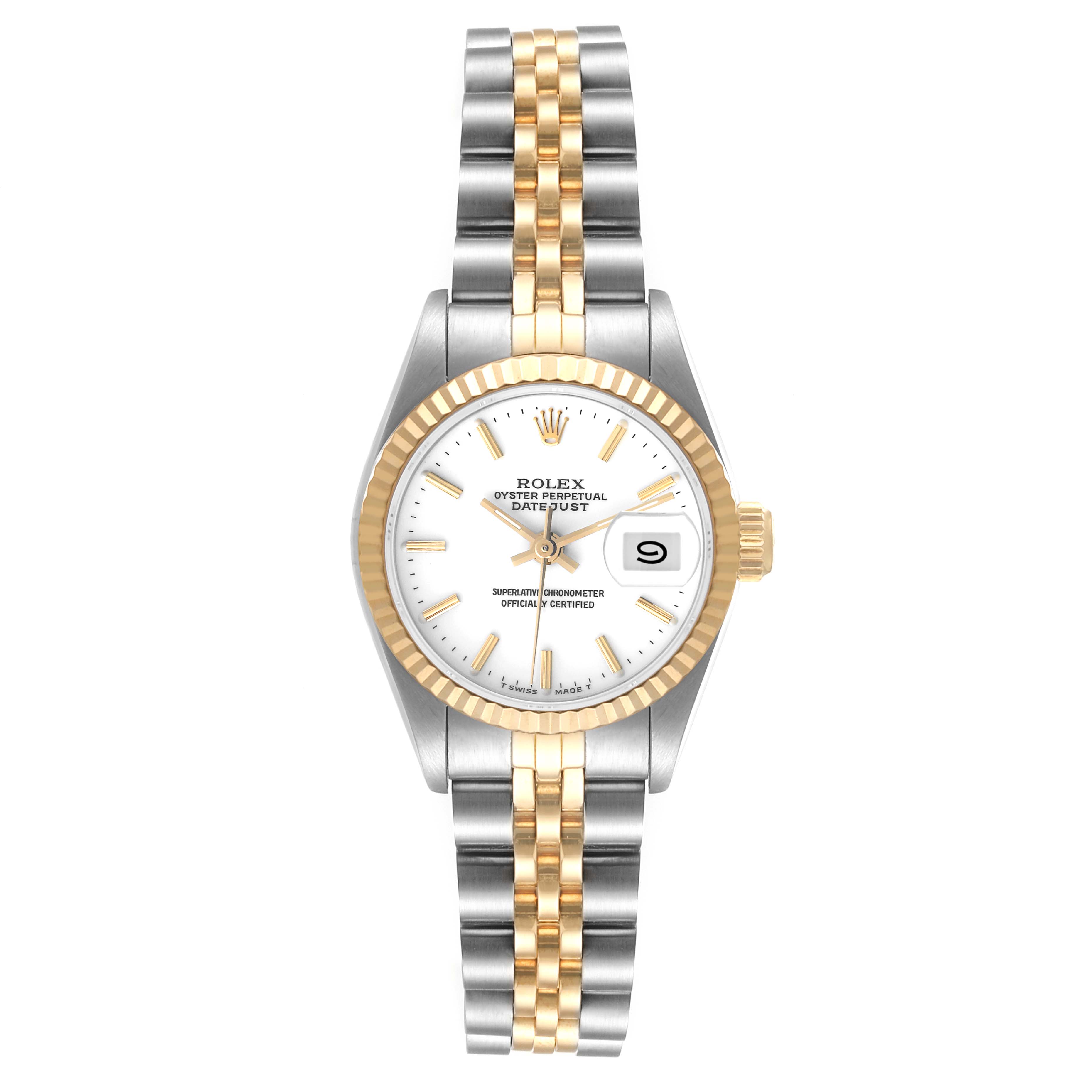 The image shows a Rolex Datejust 69173 Women's Steel and Gold (two tone) White Dial 69173 Women's Steel and Gold (two tone) White Dial watch, featuring its face, bezel, crown, and two-tone bracelet, viewed from the front.