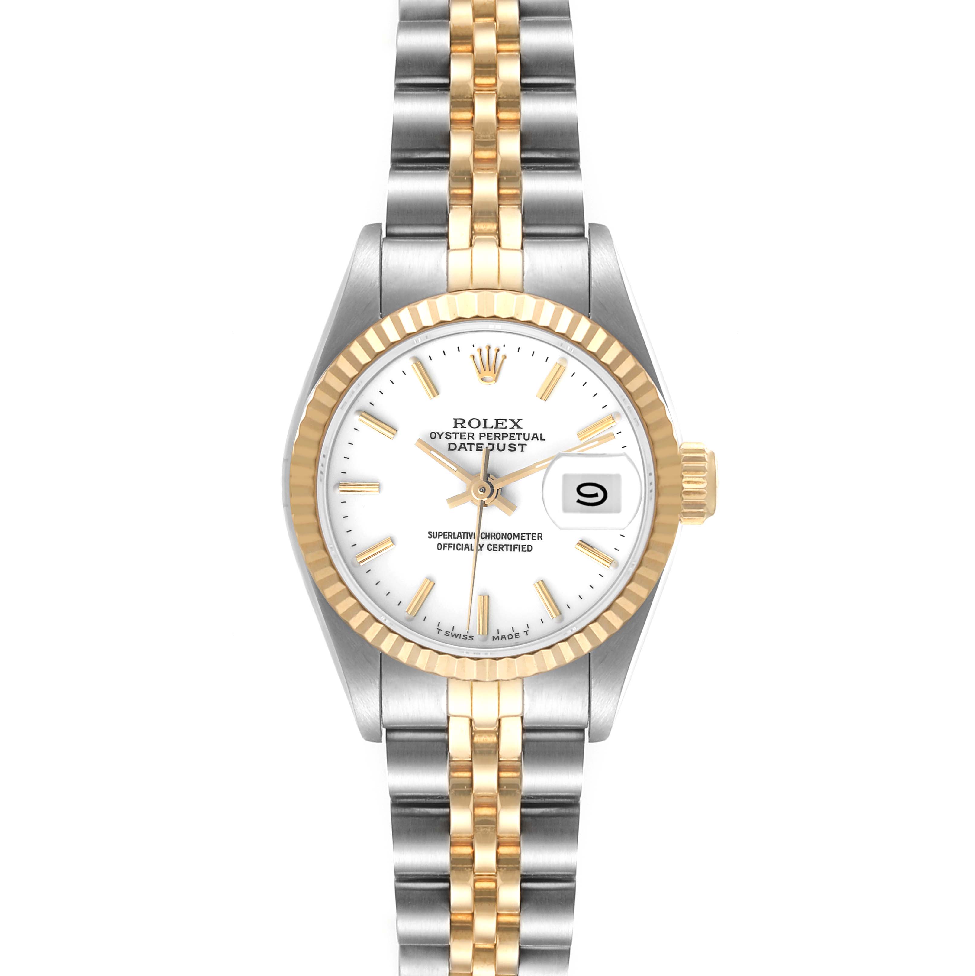 Top view of a Rolex Datejust 69173 Women's Steel and Gold (two tone) White Dial 69173 Women's Steel and Gold (two tone) White Dial watch displaying the dial, bezel, crown, and bracelet.