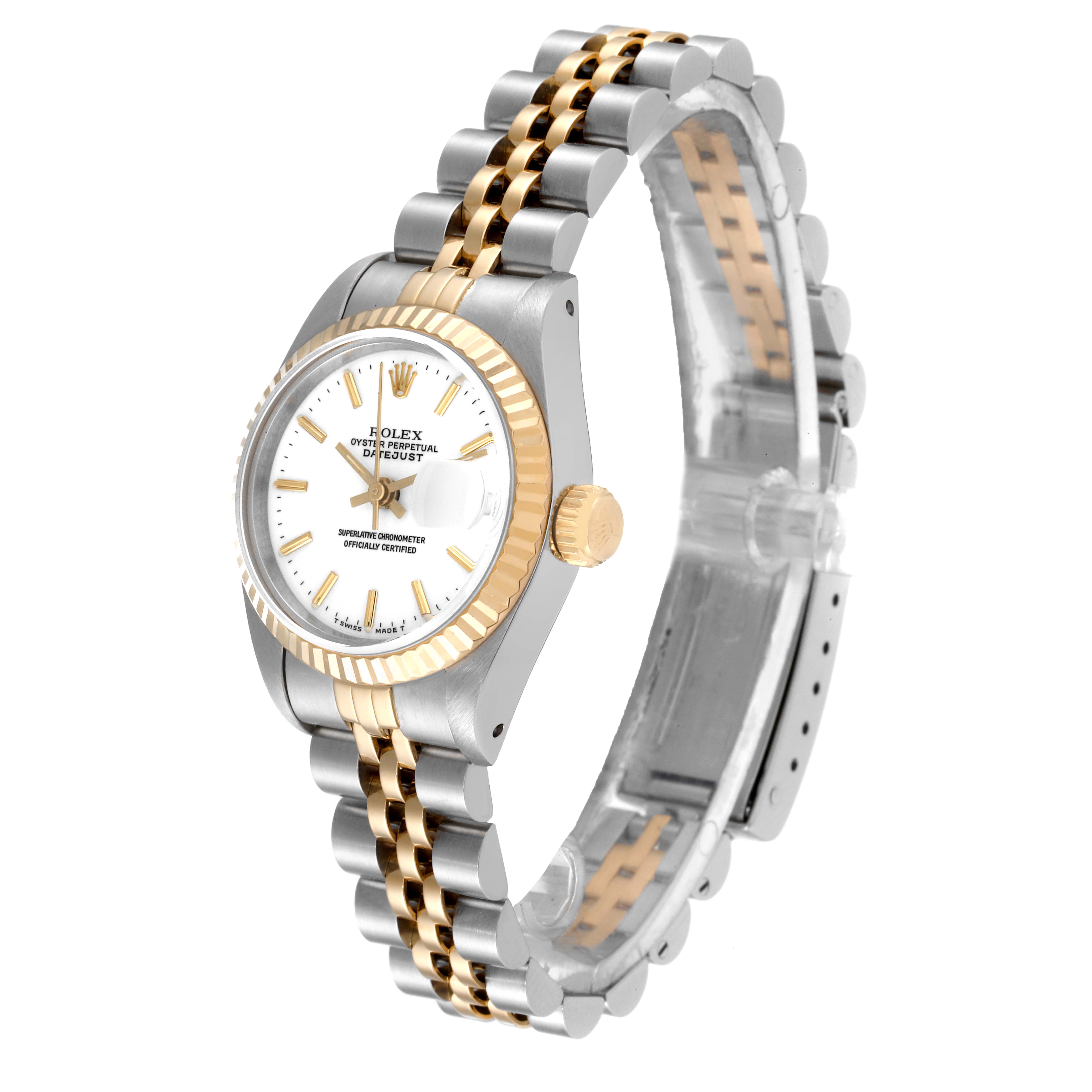 The image shows a Rolex Datejust 69173 Women's Steel and Gold (two tone) White Dial 69173 Women's Steel and Gold (two tone) White Dial watch at a three-quarter angle, highlighting its two-tone metal bracelet, crown, and dial.