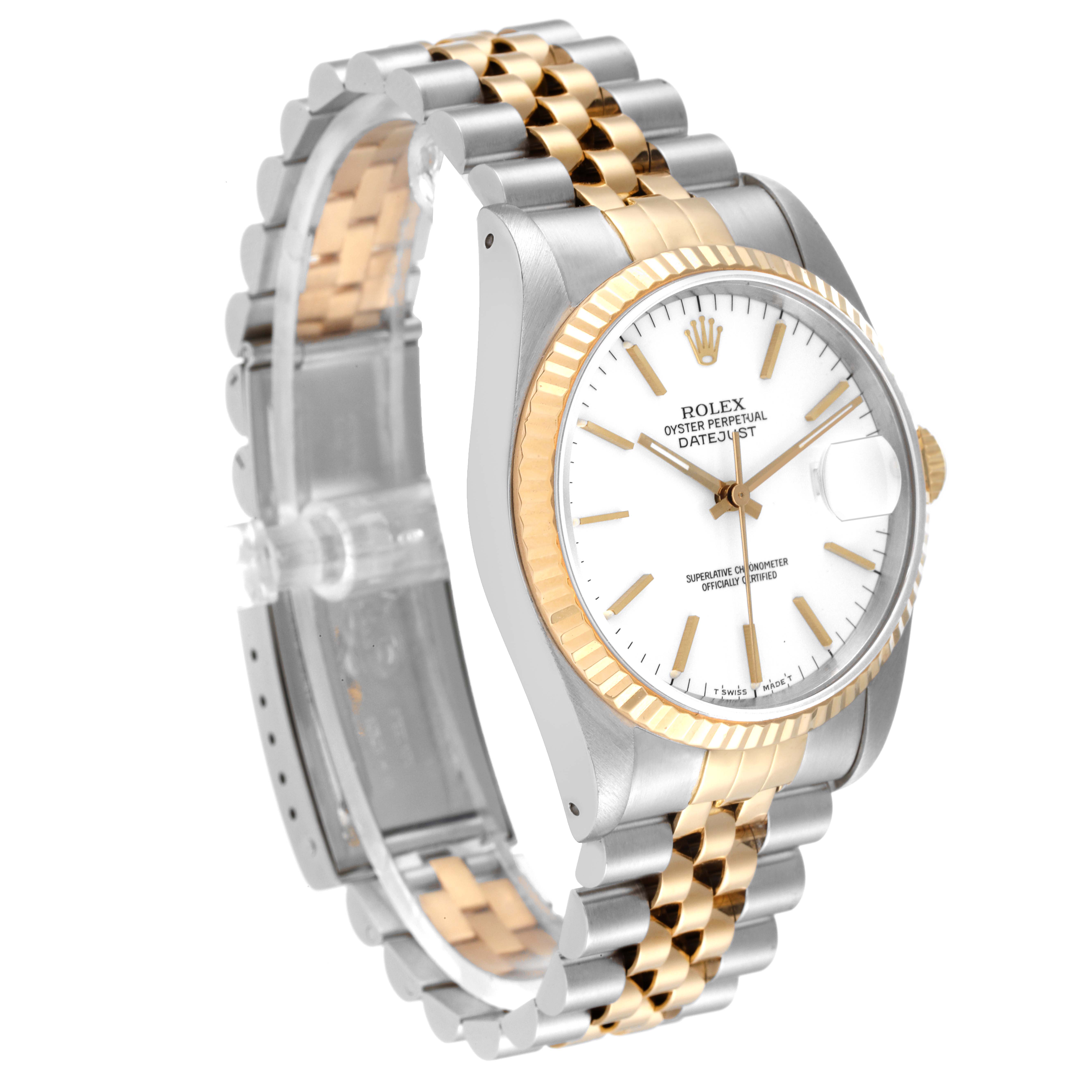 This Rolex Datejust 16233 Men's Steel and Gold (two tone) White Dial 16233 Men's Steel and Gold (two tone) White Dial watch is shown at an angled side view, highlighting its two-tone bracelet and fluted bezel.