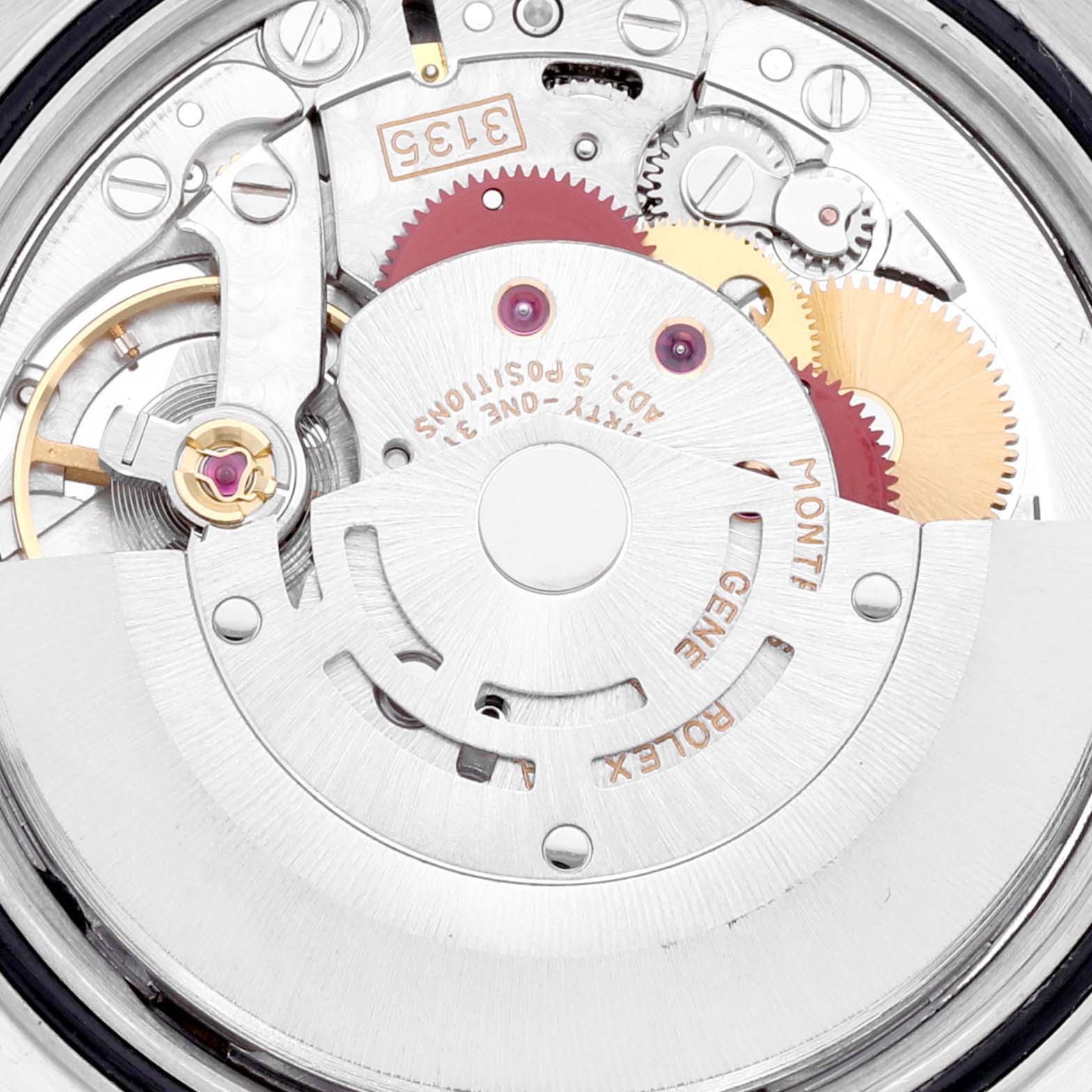 This image shows a close-up view of the Rolex Datejust 16233 Men's Steel and Gold (two tone) White Dial 16233 Men's Steel and Gold (two tone) White Dial movement, displaying its intricate gears and mechanism.