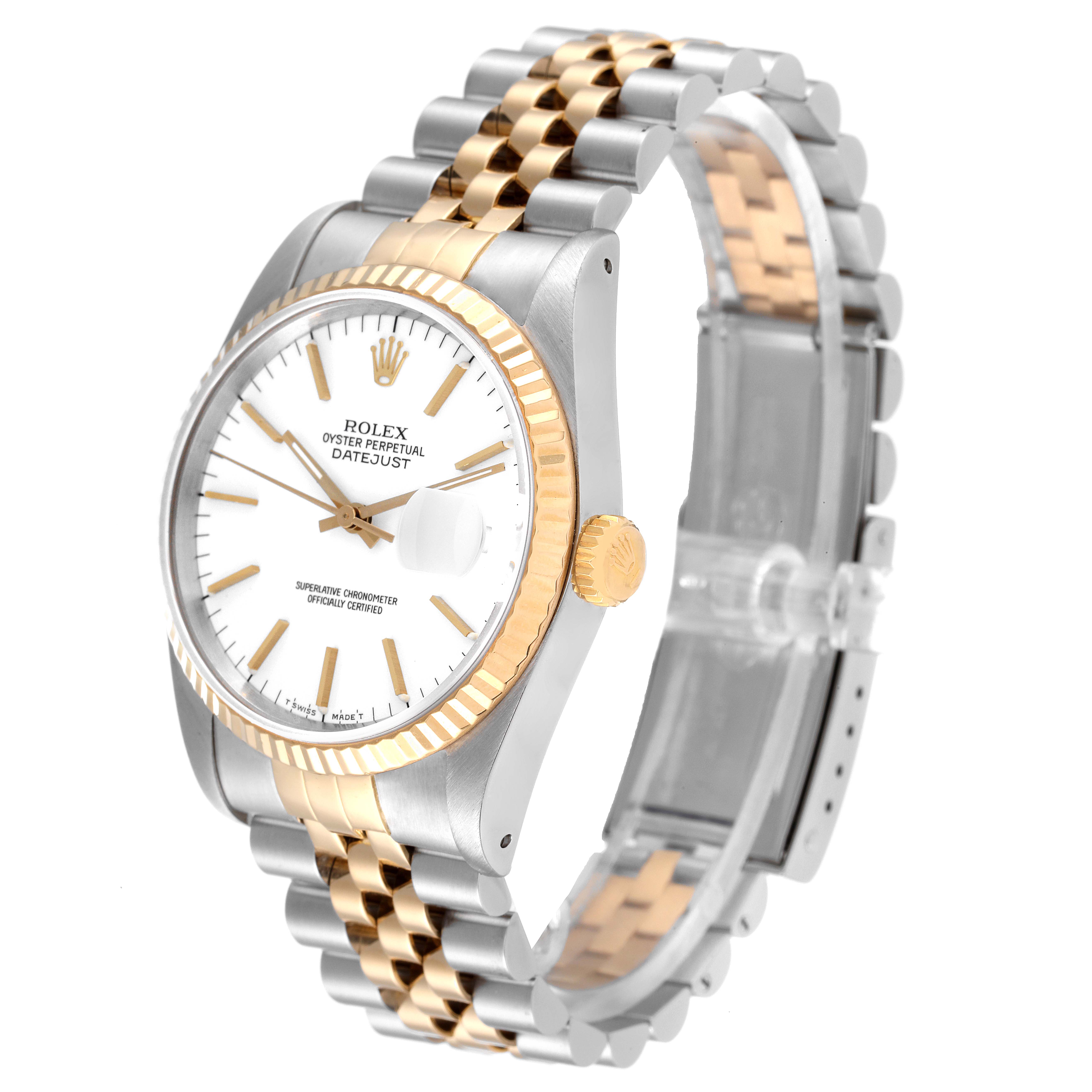 The image shows a Rolex Datejust 16233 Men's Steel and Gold (two tone) White Dial 16233 Men's Steel and Gold (two tone) White Dial watch at an angled side view, highlighting its two-tone bracelet, white dial, and fluted bezel.
