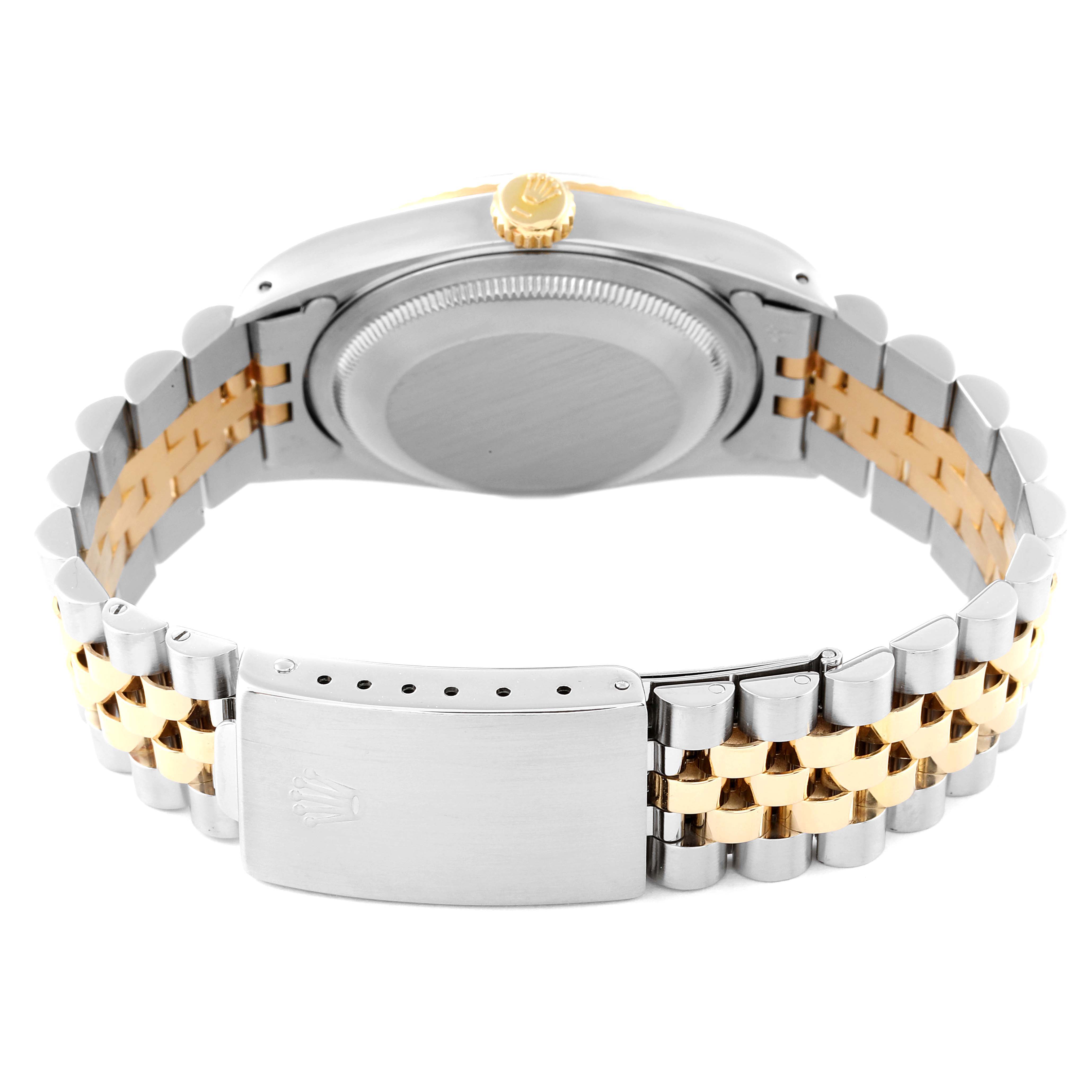 This image shows the back view and bracelet clasp of a Rolex Datejust 16233 Men's Steel and Gold (two tone) White Dial 16233 Men's Steel and Gold (two tone) White Dial watch.