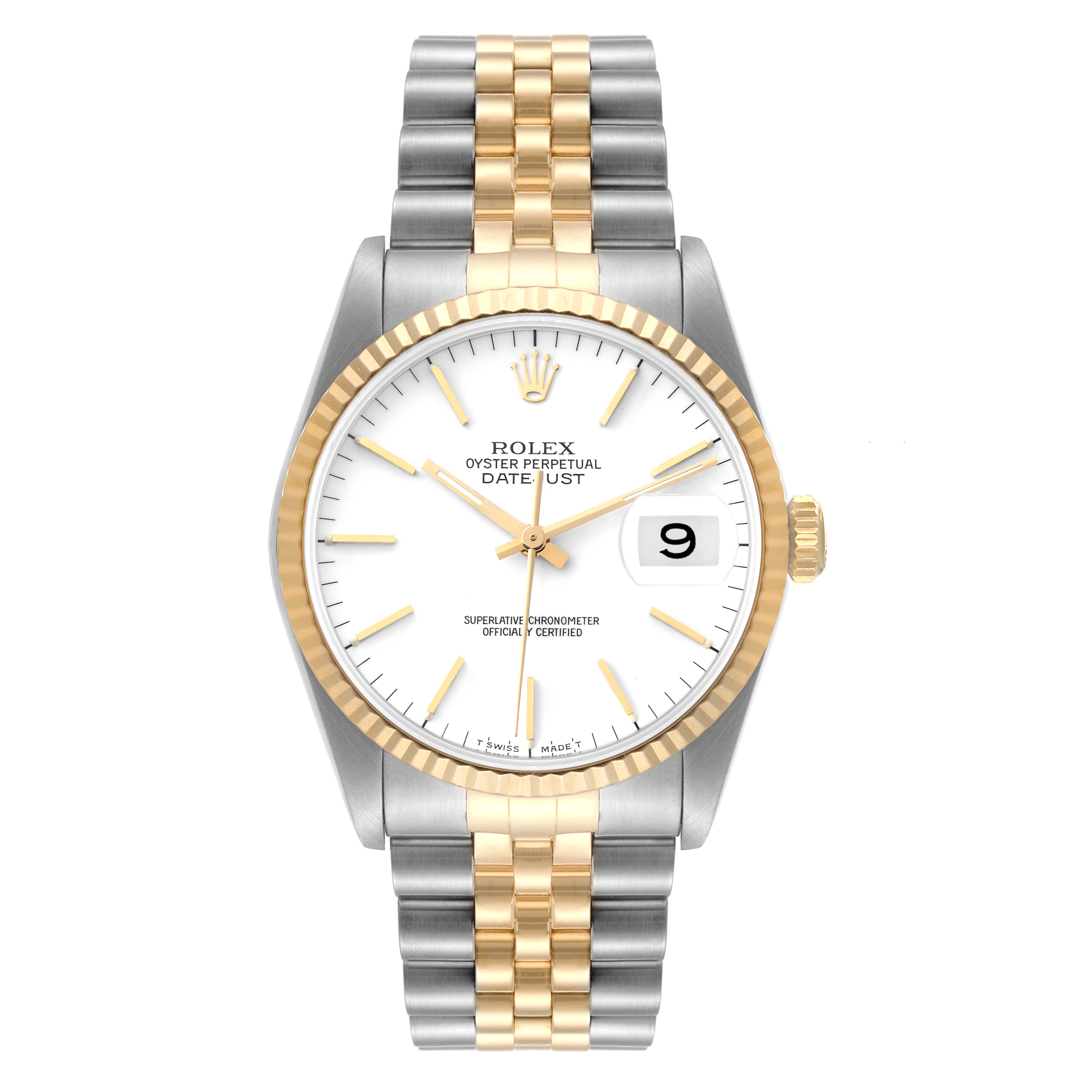 The Rolex Datejust 16233 Men's Steel and Gold (two tone) White Dial 16233 Men's Steel and Gold (two tone) White Dial watch is shown from a front angle, displaying its face, bezel, crown, and two-tone Jubilee bracelet.