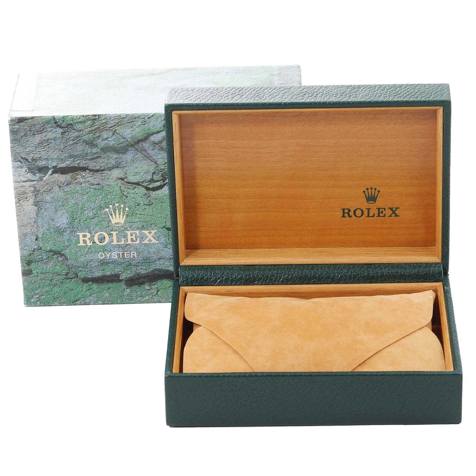 This is a Rolex Datejust 16233 Men's Steel and Gold (two tone) White Dial 16233 Men's Steel and Gold (two tone) White Dial watch box shown at an open angle, revealing the interior and cushion inside.