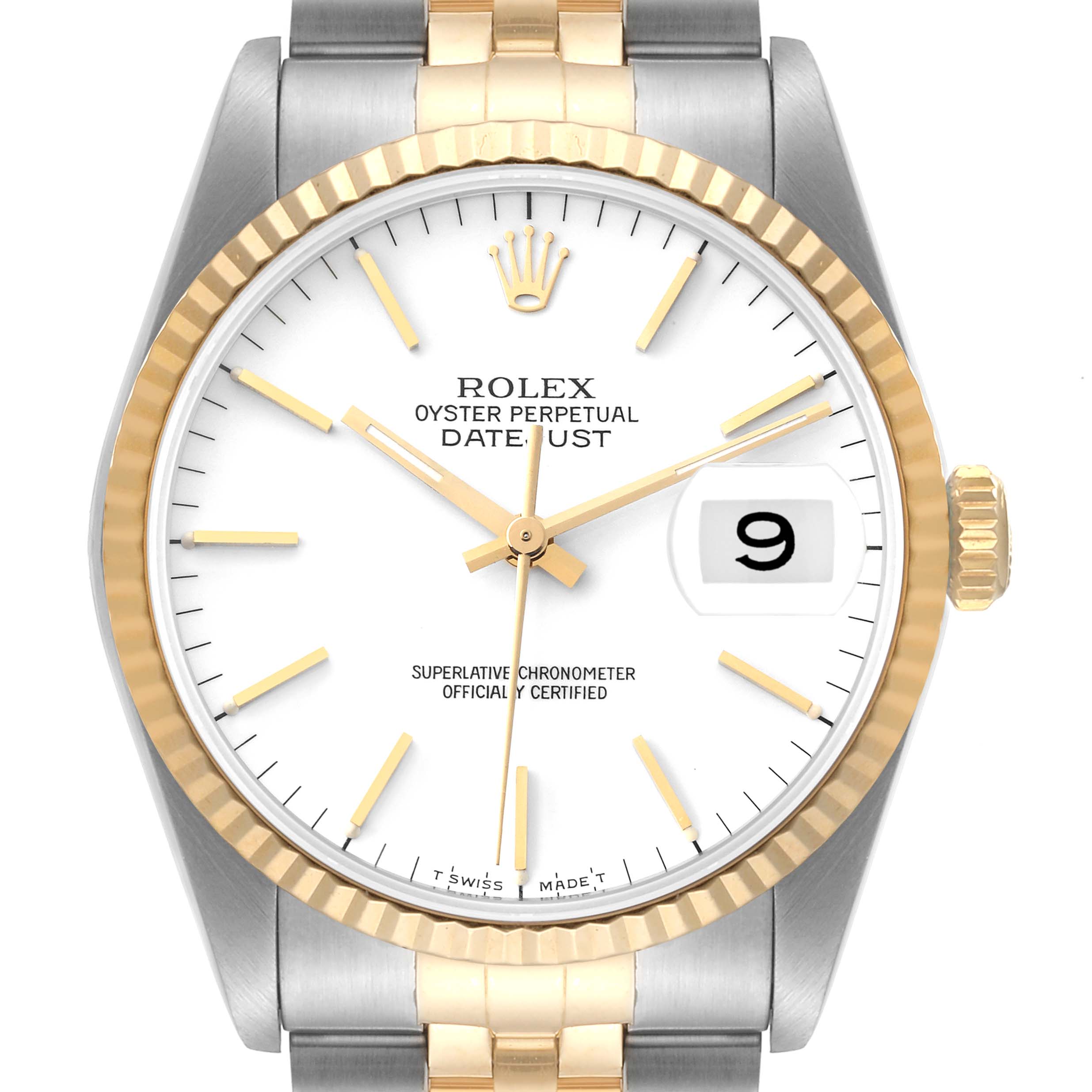 The image shows a Rolex Datejust 16233 Men's Steel and Gold (two tone) White Dial 16233 Men's Steel and Gold (two tone) White Dial watch from the front, displaying its dial, hands, date window, and part of the bracelet.